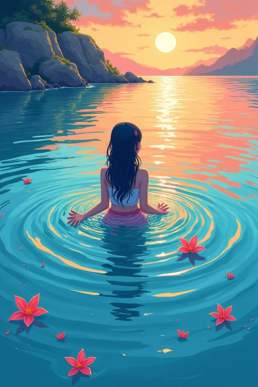 (flat color:1.1), (colorful:1.3), (masterpiece:1.2), best quality, masterpiece, original, extremely detailed wallpaper, looking at viewer, 1girl, solo floating colorful water,