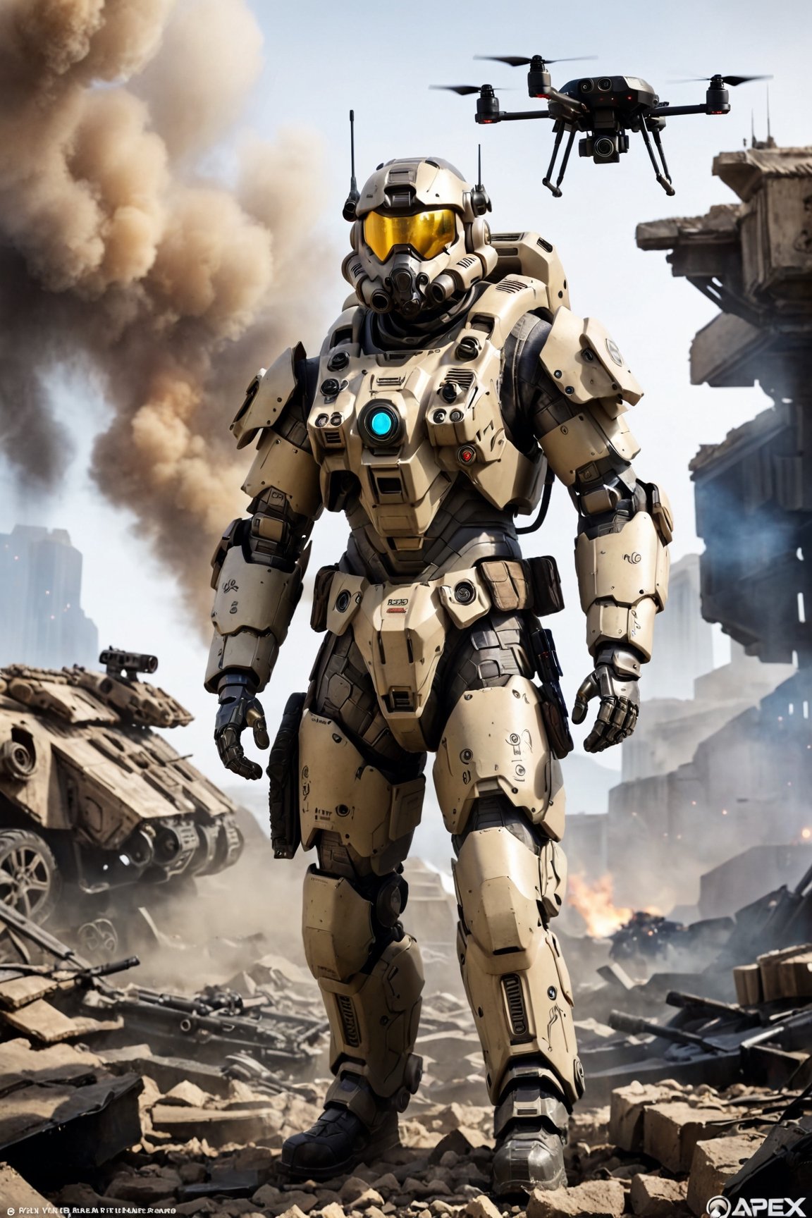 In the midst of a desolate wasteland,  the wearer of the Apex Mk.IV power armor,  adorned with the sleek drone swarm backp...