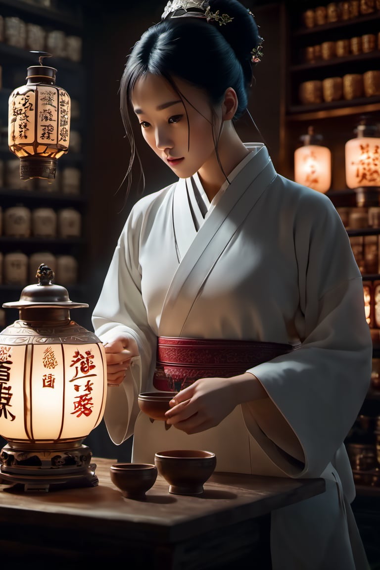 Generate an ultra-detailed,  cinematic scene featuring a Chinese doctor in traditional attire meticulously preparing a tea...