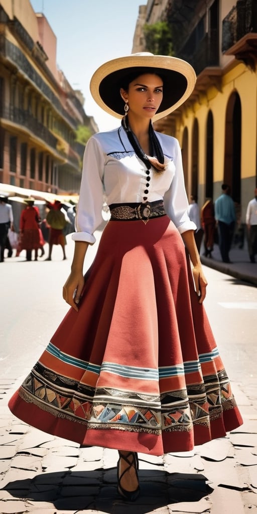 Create an image featuring a woman embodying the essence of Argentina. The woman should represent a random race,  with a sk...