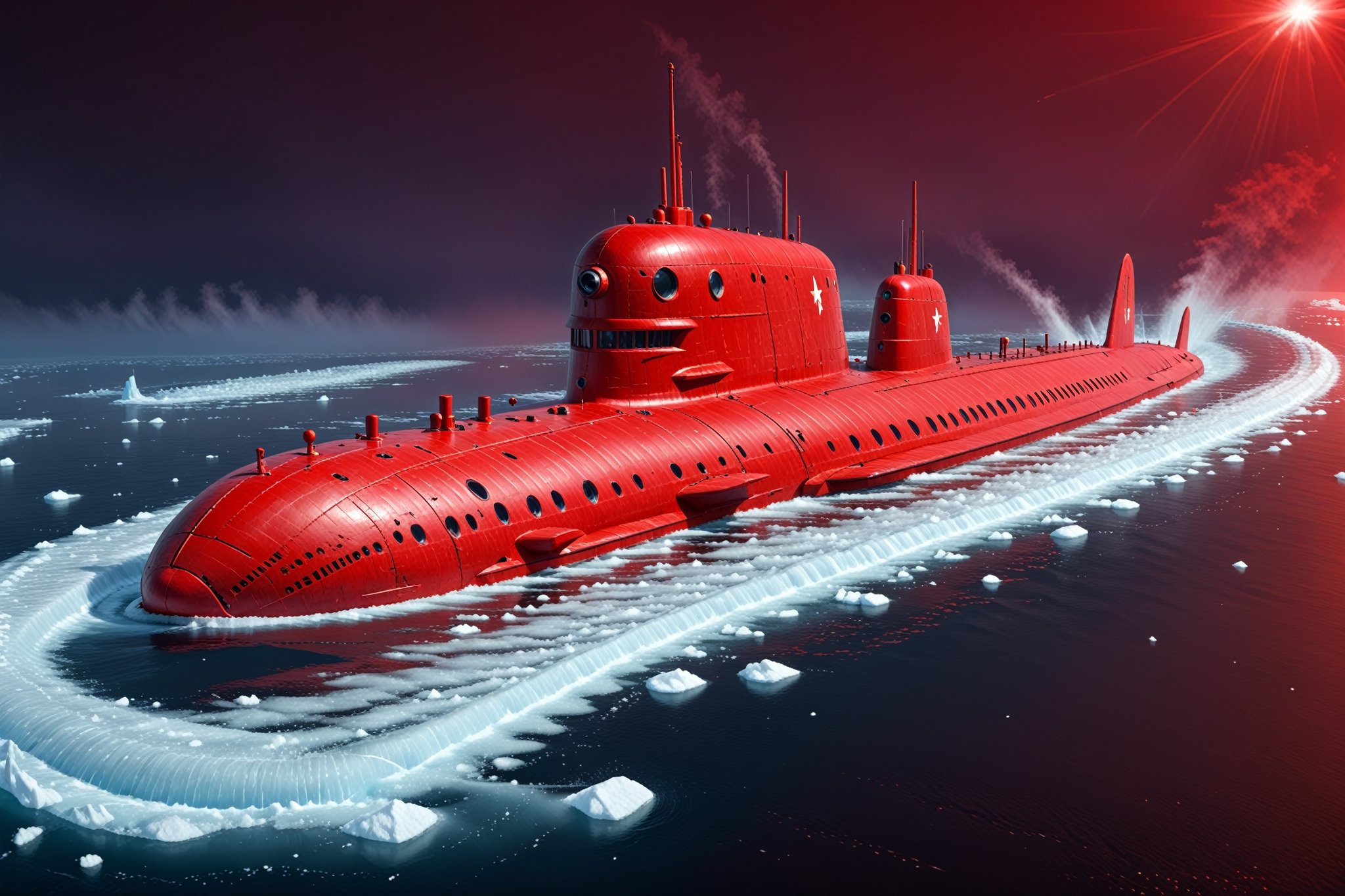 Craft a perfect Christmas 3D animation style image featuring an Akula class,  Soviet submarine. Picture the submarine brea...