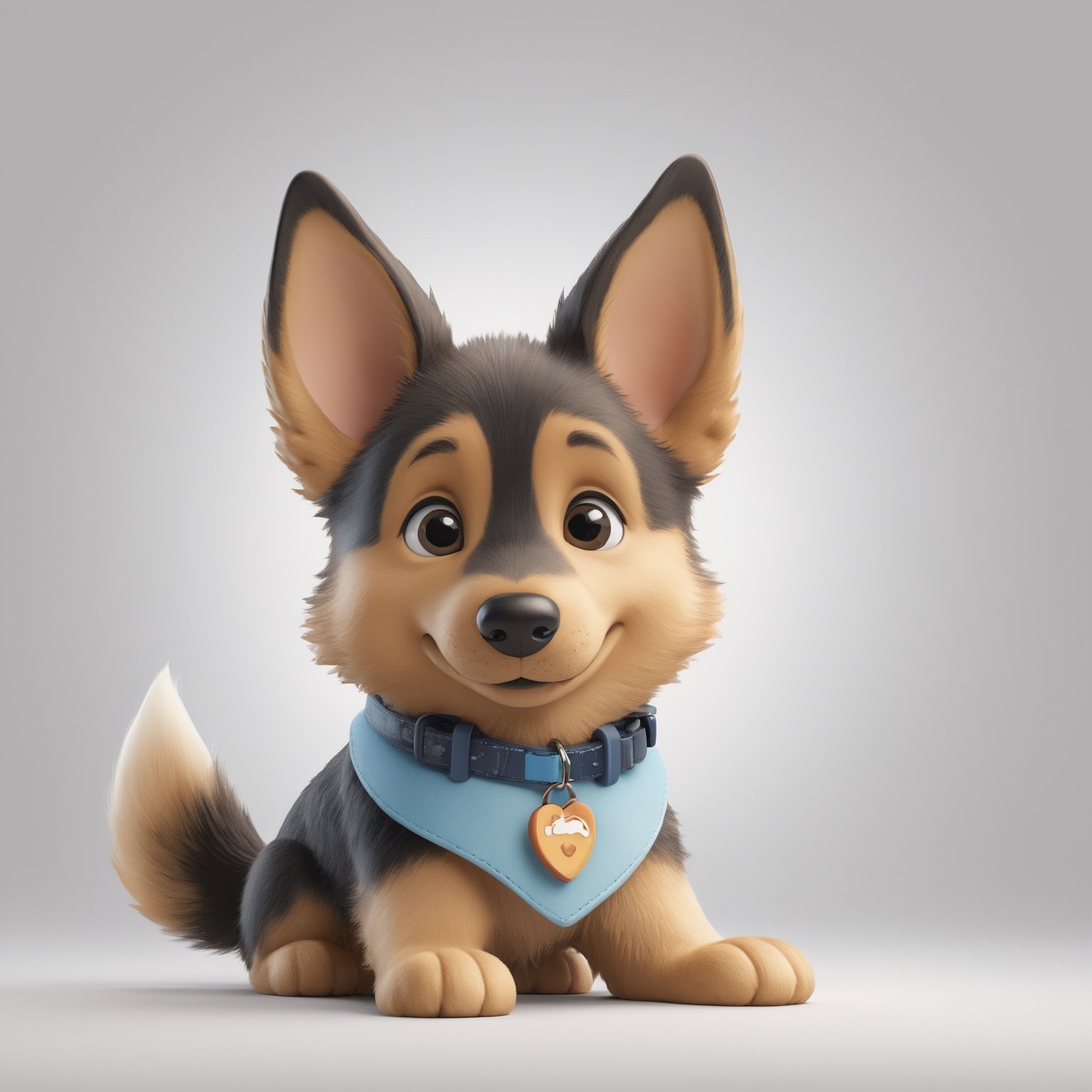 Create a 3D watercolor-style illustration for Tensor.art featuring a cheerful German Shepherd dog character with Pixar-like charm and large, friendly eyes. Full body. Ensure that the dog's collar tag prominently displays the official Tensor.art (TA) logo.

Incorporate intricate details while maintaining a cartoonish aesthetic. Use a lively and inviting color palette to evoke warmth and friendliness. Ensure a clean, uncluttered white background for a professional look and illuminate the scene well to highlight the German Shepherd dog, canvas, and computer screen.

The character should represent creativity and accessibility, aligning with Tensor.art's mission to make art approachable. It should be easily recognizable and exude charm and playfulness, leaving a lasting impression.

The goal is to establish Tensor.art's visual identity as both professional and welcoming, emphasizing the fusion of art and technology in a playful and approachable manner. The result should be distinctive, well-lit, and reflective of the platform's essence.