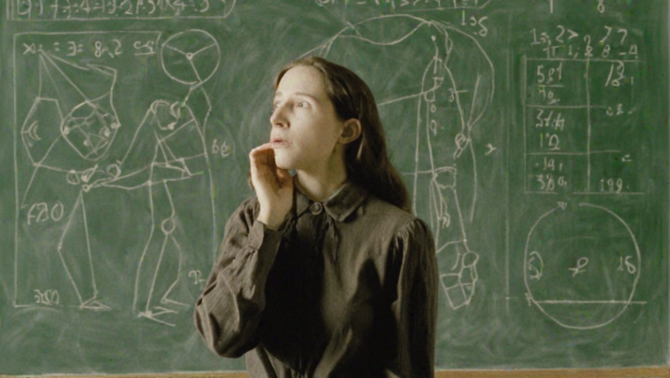 Le penseur de Rodin but a woman, in front of diffcult math problem on a blackboard