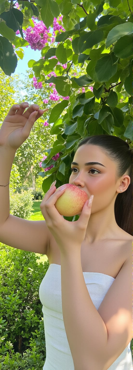 A serene and idyllic scene unfolds in the Garden of Eden, where Eve gently plucks a luscious apple from the Tree of Life. Soft morning light illuminates her radiant face, highlighting the subtle curves of her cheeks as she savors the forbidden fruit. Her eyes sparkle with innocence and curiosity, set against a backdrop of lush greenery and vibrant flowers. The framing of the shot features Eve standing in the center, surrounded by the paradise's beauty, emphasizing her connection to nature.