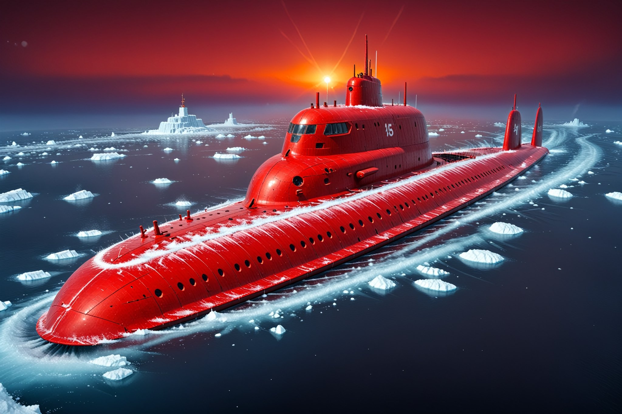 Craft a perfect Christmas 3D animation style image featuring an Akula class,  Soviet submarine. Picture the submarine brea...