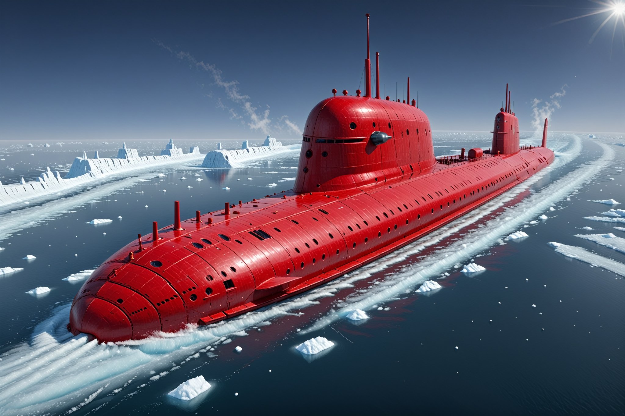 Craft a perfect Christmas 3D animation style image featuring an Akula class,  Soviet submarine. Picture the submarine brea...