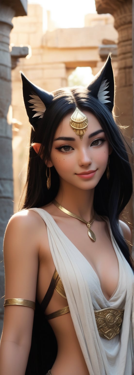 A majestic catgirl, 'Meow', stands amidst ancient Egyptian ruins, circa 1st century BCE. Her long, flowing black hair cascades down her back like a dark waterfall, complemented by the delicate cat ears perched atop her head. A sprinkle of freckles (1.2) dance across her cheeks, adding to her whimsical charm. As she smiles, playful mischief gleams in her eyes. In the background, crumbling stone walls and columns rise, shrouded in a warm, golden light that casts long shadows. The air is filled with the sweet scent of blooming lotus flowers, further enchanting this idyllic scene.