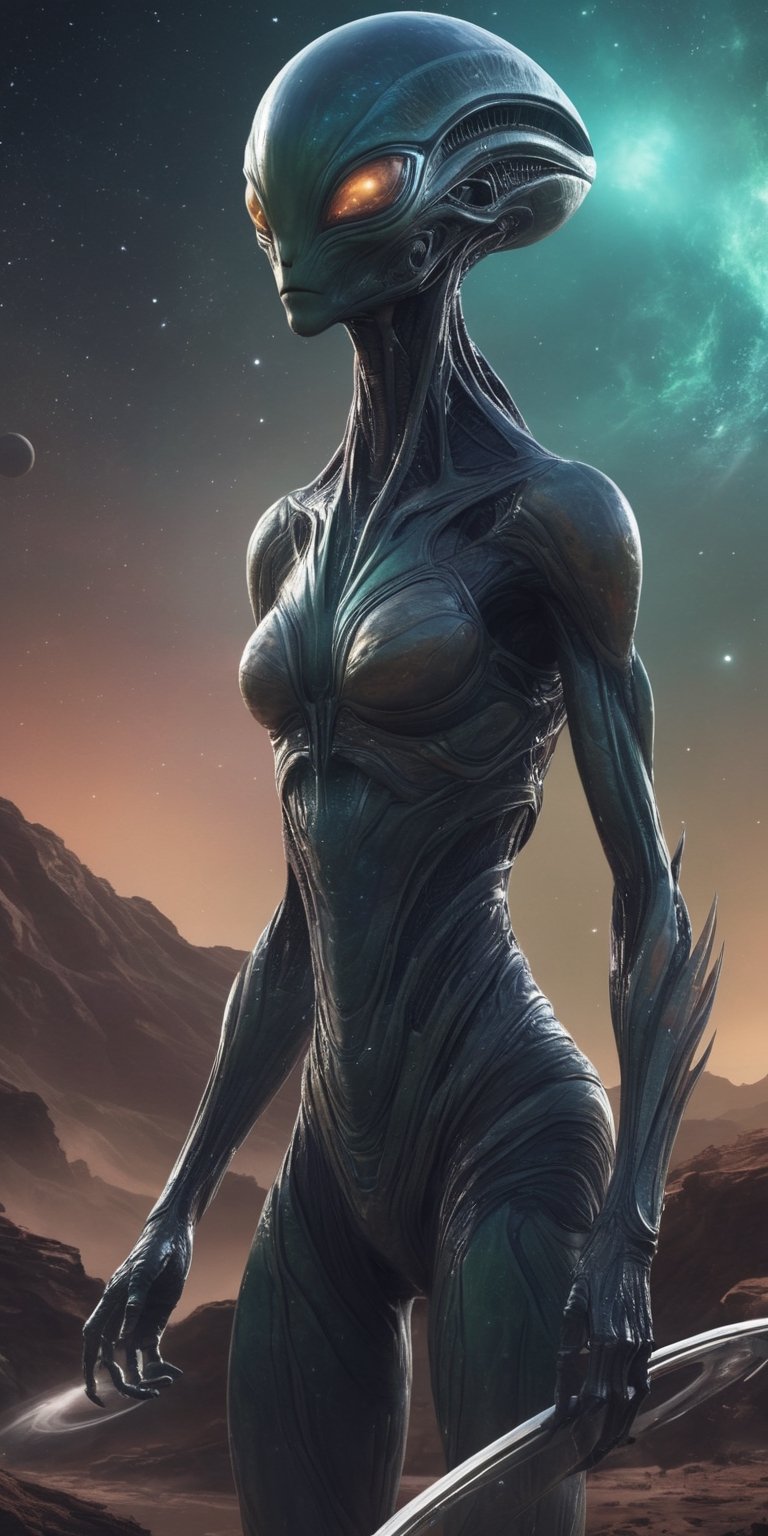 Generate an exquisitely detailed and visually captivating image of a stunning and ethereal alien,  gracefully enjoying the...