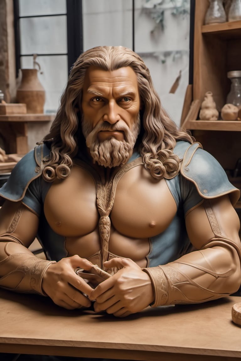 Create an image of Leonardo da Vinci in old Renaissance attire at his atelier designing a 2023 concept super-car in clay....