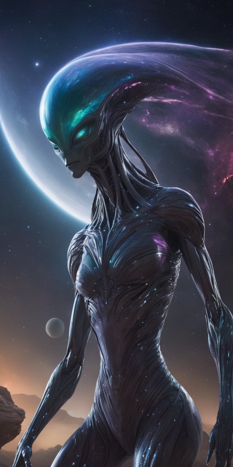 Generate an exquisitely detailed and visually captivating image of a stunning and ethereal alien,  gracefully enjoying the...