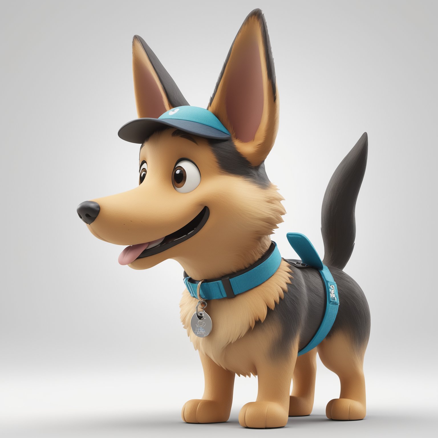 Create a 3D watercolor-style illustration for Tensor.art featuring a cheerful German Shepherd dog character with Pixar-like charm and large, friendly eyes. Full body. Ensure that the dog's collar tag prominently displays the official Tensor.art (TA) logo.

Incorporate intricate details while maintaining a cartoonish aesthetic. Use a lively and inviting color palette to evoke warmth and friendliness. Ensure a clean, uncluttered white background for a professional look and illuminate the scene well to highlight the German Shepherd dog, canvas, and computer screen.

The character should represent creativity and accessibility, aligning with Tensor.art's mission to make art approachable. It should be easily recognizable and exude charm and playfulness, leaving a lasting impression.

The goal is to establish Tensor.art's visual identity as both professional and welcoming, emphasizing the fusion of art and technology in a playful and approachable manner. The result should be distinctive, well-lit, and reflective of the platform's essence.