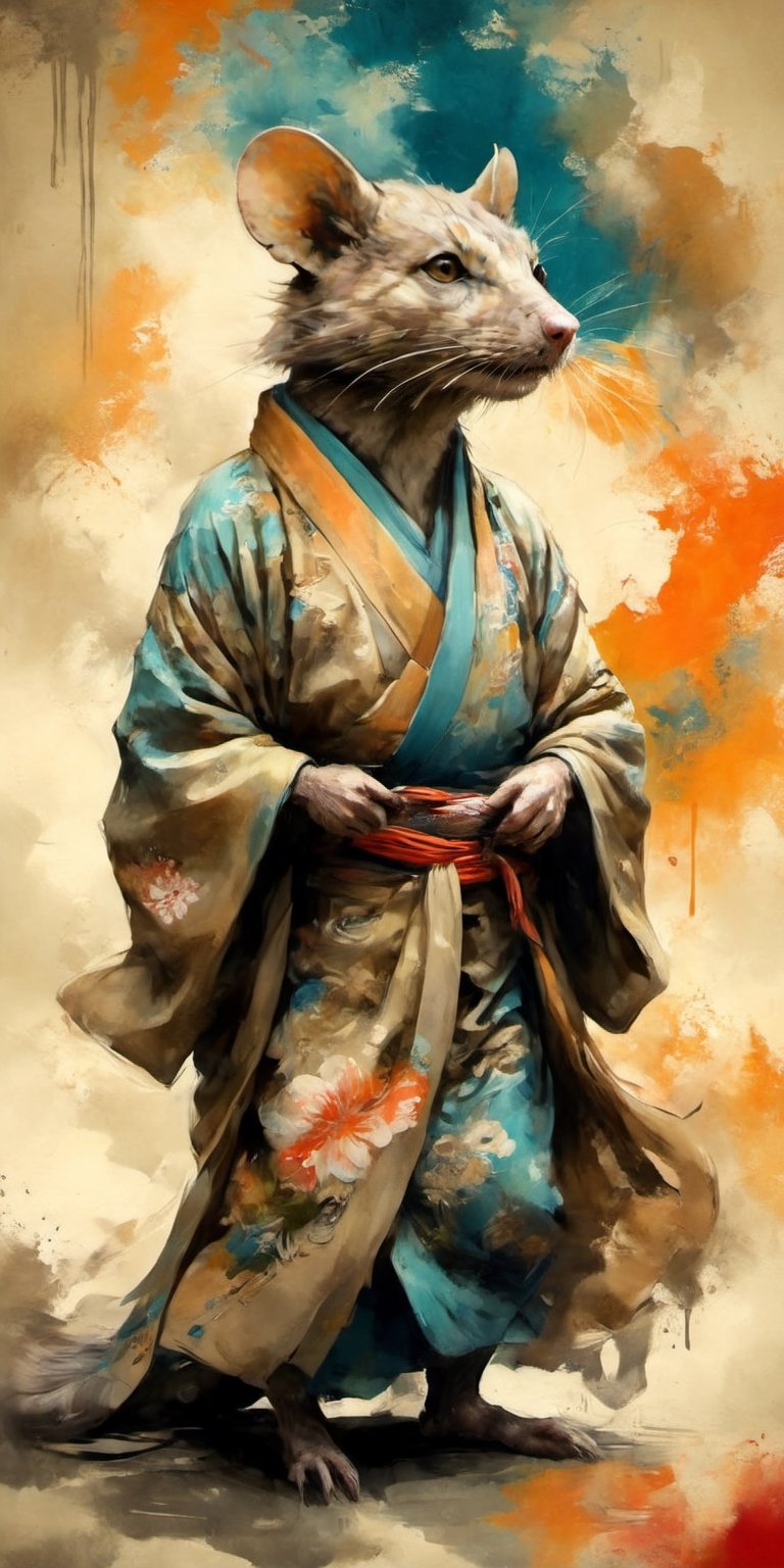 full-body psychedelic picture .Generate hyper realistic image of an ancient scroll featuring an ink wash painting of an an...