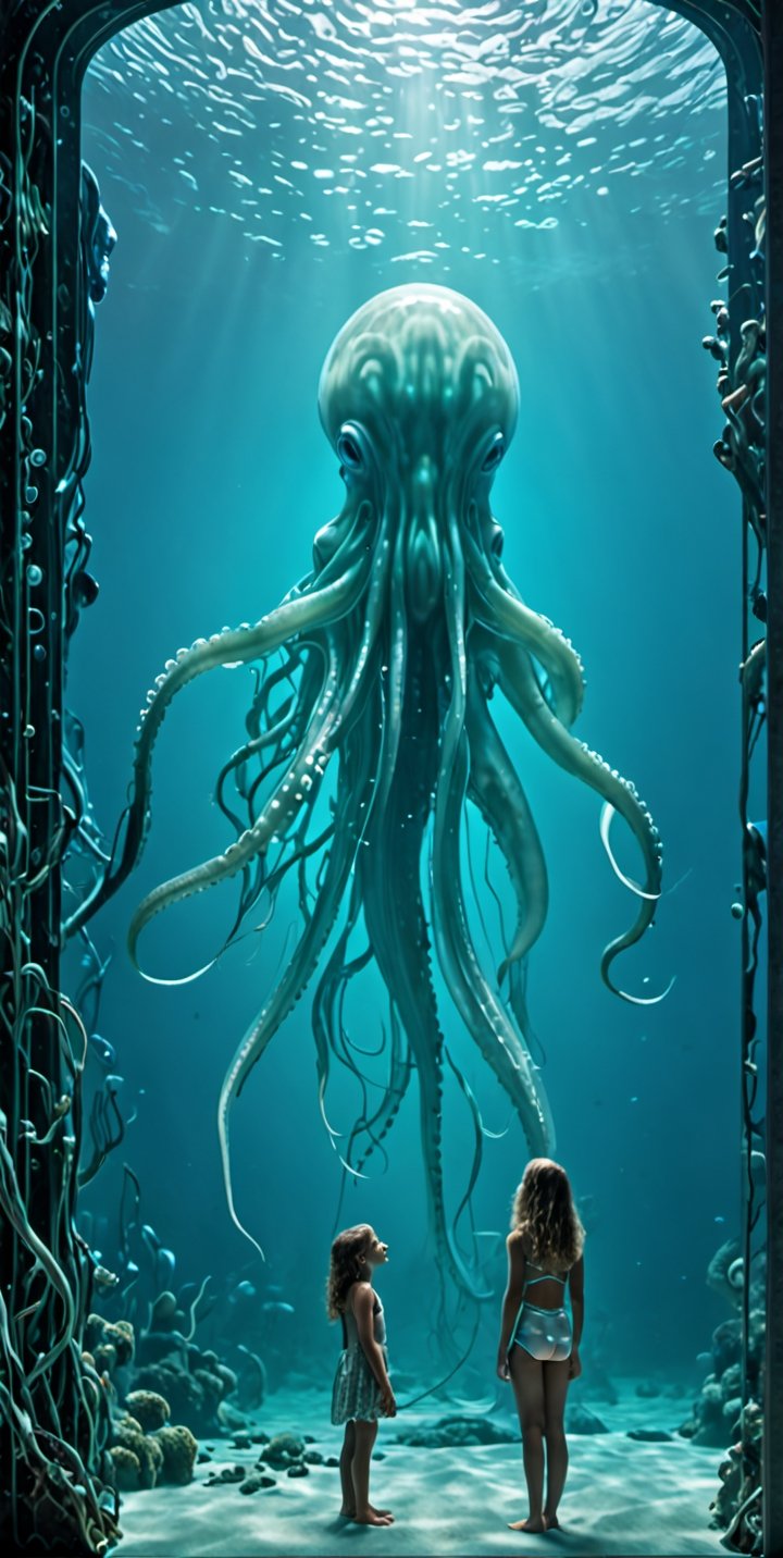through the transparent barrier of an underwater observation pod,  a terrified young girl gazes wide-eyed at the colossal...