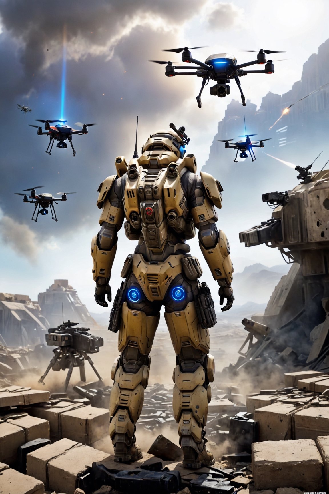 In the midst of a desolate wasteland,  the wearer of the Apex Mk.IV power armor,  adorned with the sleek drone swarm backp...