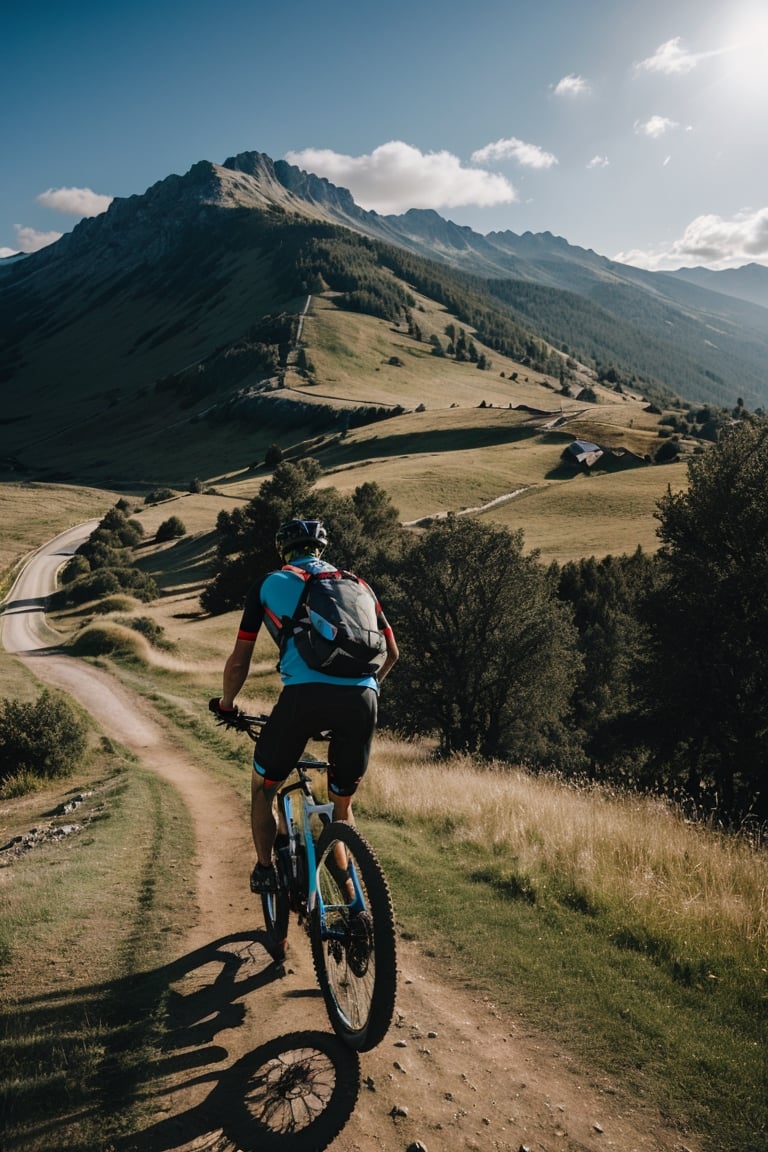 masterpiece, extremely high resolution, (a solo boy riding in mountain bike on the countryside road), (full_body visible), from below