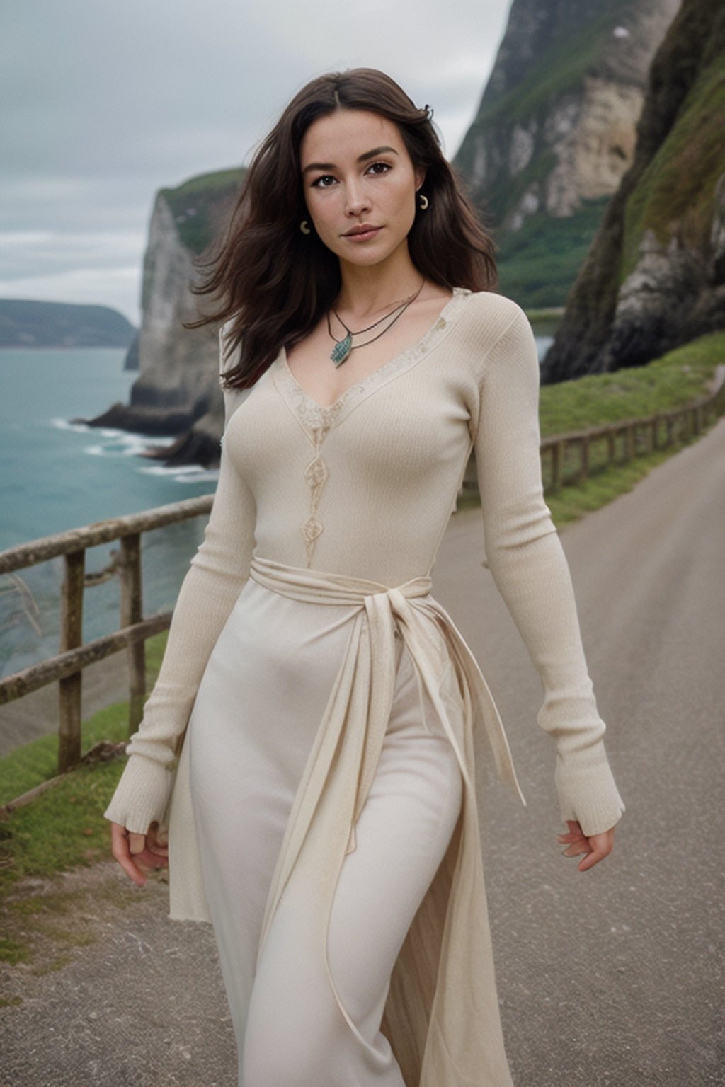 "Generate an image of a Spanish woman from the Basque country in the north,  radiating beauty and strength,  set against t...