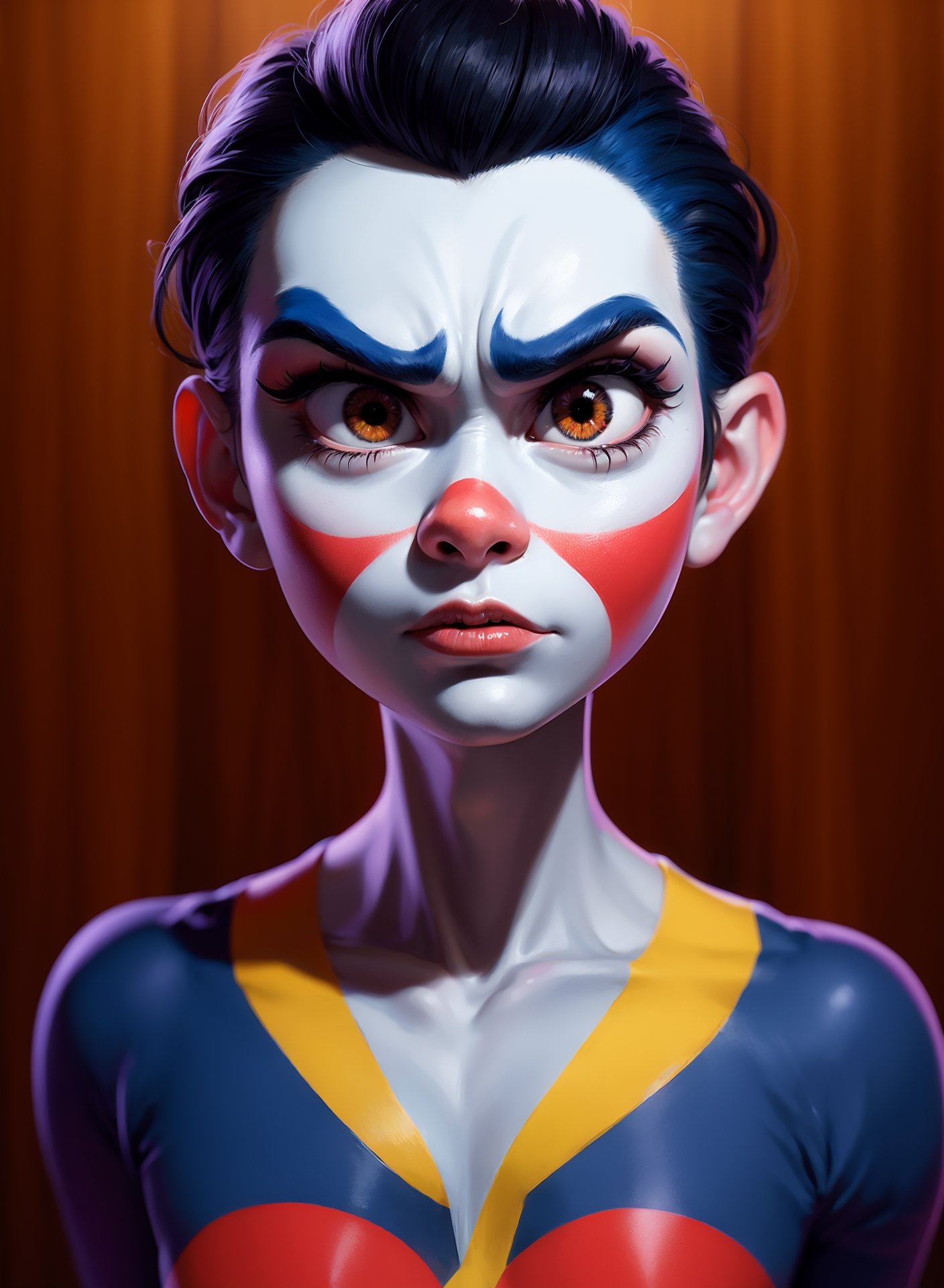 an ultra expressive French mime, face painted,angry , portrait, upper body, pixar style