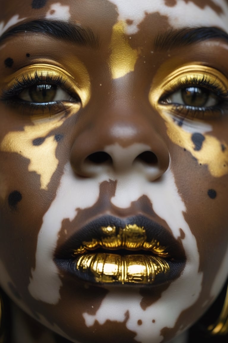 (Rorschach:0.5) Editorial Photography, Extreme Close Up Female Face, Black Skinned Goddess, Neo Tribal Art, Bokeh, (Golden Lips:1.2),Vitiligo