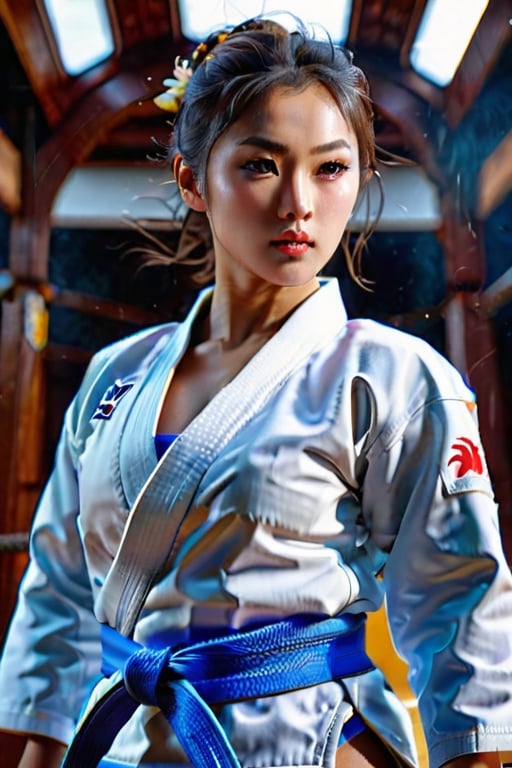 (+18) ,A sexy female judo player ,judo 🥋 uniform,The Judogi is the formal Japanese name for the traditional uniform used for Judo practice and competition ,ultra detailed face, symmetrical eyes, soft face, Long Cleavage, Open front judogi jacket,tired and happy,Side boob ,((view from below, looking upwards))), Full body shot,Far away shot ,Insanely detailed portrait of a Intricate Photography, A Masterpiece, 8k Resolution Artstation, Unreal Engine 5, Cgsociety, Octane Photograph, sharp focus ,,more detail XLRAW photo, 8k uhd, high quality, big lips,m4d4m, hourglass body shape, ,,,