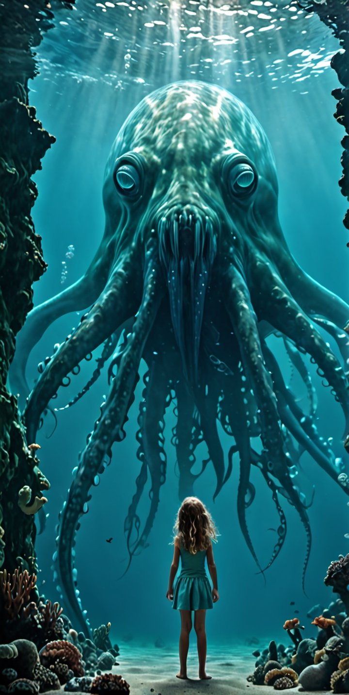 through the transparent barrier of an underwater observation pod,  a terrified young girl gazes wide-eyed at the colossal...