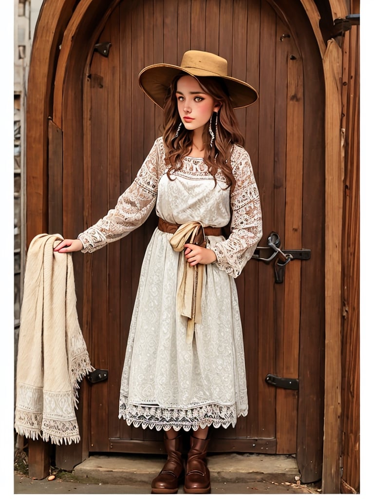 Inthe style of Milo Manara, a detailed portrait of Beautiful Argentina traditional gaucho girl shot, intricately detailed silver alpaca accesories, brown hat, full body, long brown hair, on a Buenos Aires Estancias forged iron entry gate