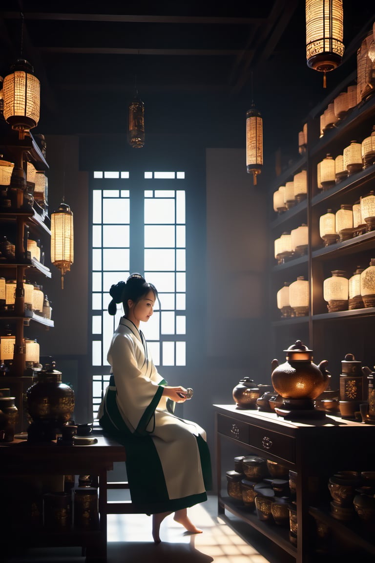 Generate an ultra-detailed,  cinematic scene featuring a Chinese doctor in traditional attire meticulously preparing a tea...