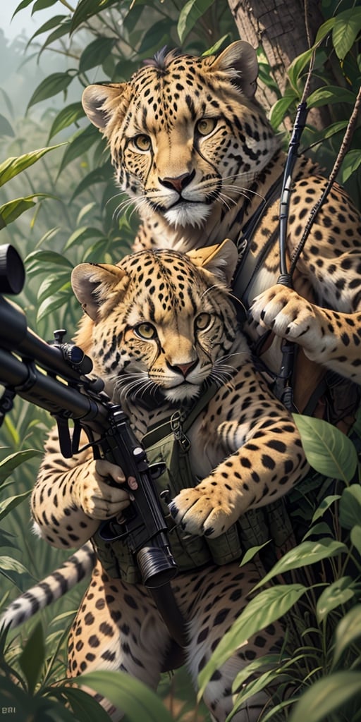 An army sniper duo with a cheetah as the shooter and a Lion as the spotter,  hunting in the african sabana,  blending camo...