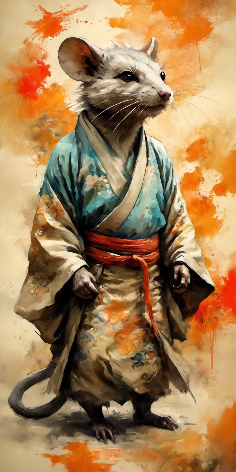 full-body psychedelic picture .Generate hyper realistic image of an ancient scroll featuring an ink wash painting of an an...