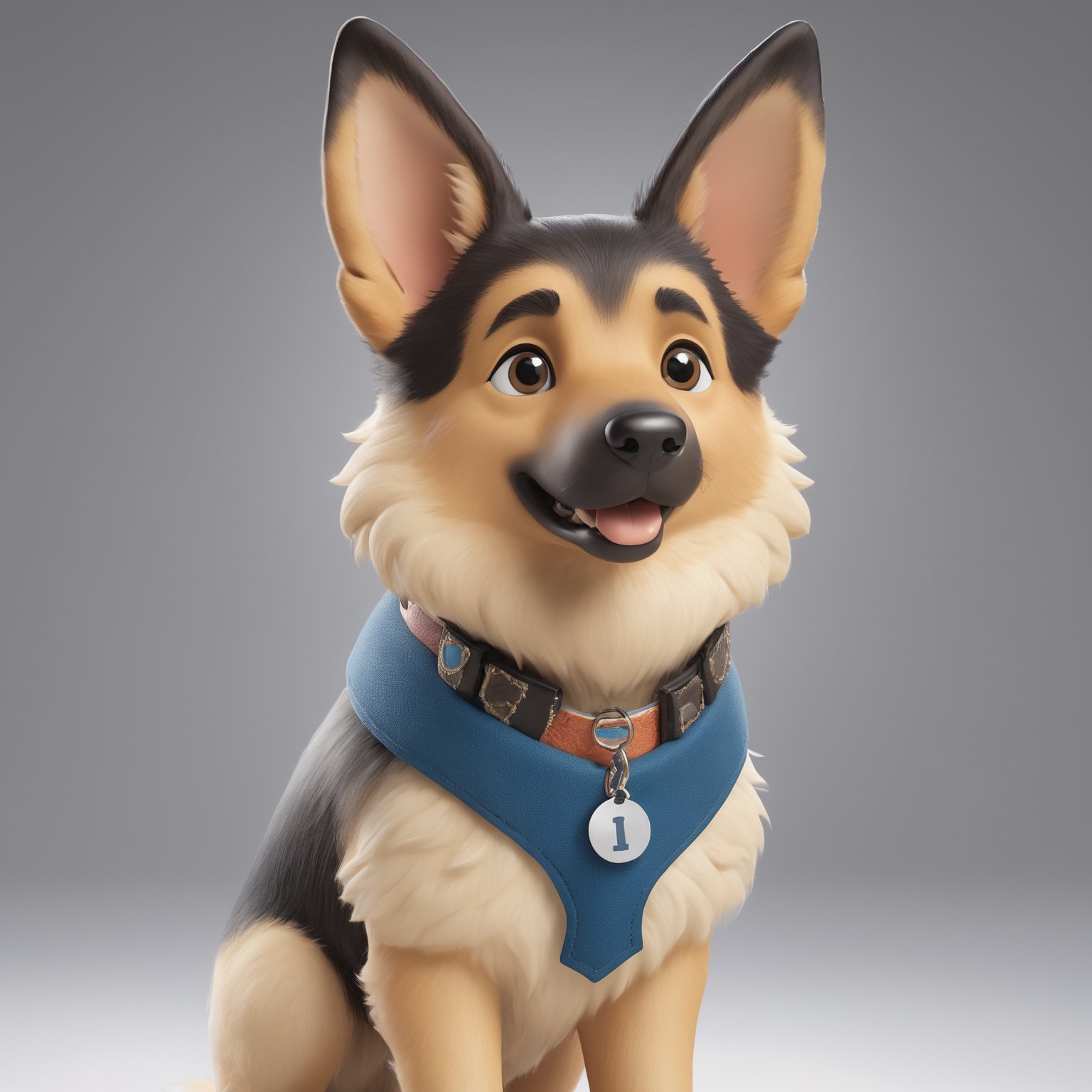 Create a 3D watercolor-style illustration for Tensor.art featuring a cheerful German Shepherd dog character with Pixar-like charm and large, friendly eyes. Full body. Ensure that the dog's collar tag prominently displays the official Tensor.art (TA) logo.

Incorporate intricate details while maintaining a cartoonish aesthetic. Use a lively and inviting color palette to evoke warmth and friendliness. Ensure a clean, uncluttered white background for a professional look and illuminate the scene well to highlight the German Shepherd dog, canvas, and computer screen.

The character should represent creativity and accessibility, aligning with Tensor.art's mission to make art approachable. It should be easily recognizable and exude charm and playfulness, leaving a lasting impression.

The goal is to establish Tensor.art's visual identity as both professional and welcoming, emphasizing the fusion of art and technology in a playful and approachable manner. The result should be distinctive, well-lit, and reflective of the platform's essence.