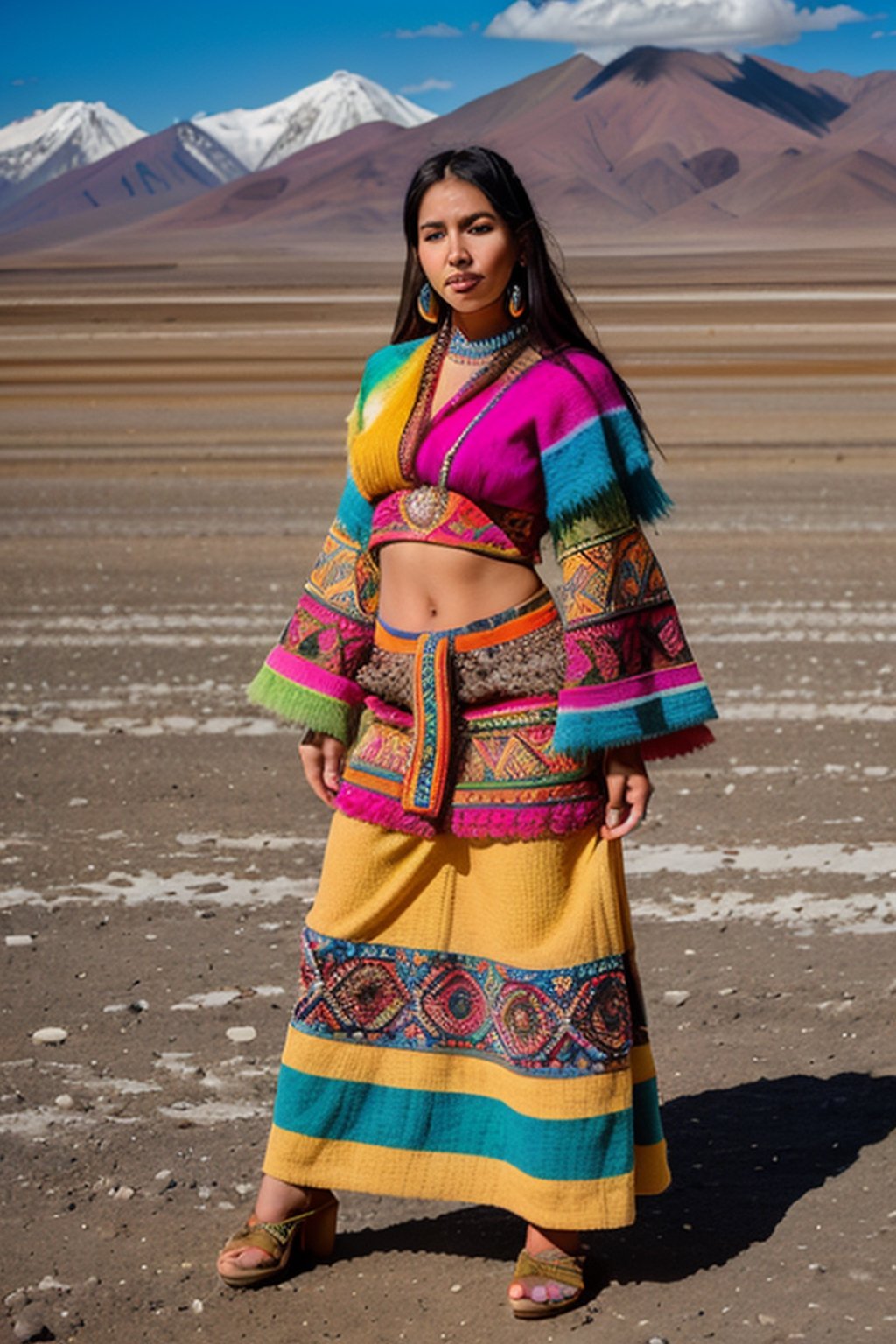 Create a full-body image featuring a woman representing the beauty and diversity of Bolivia. The woman should embody a random representative race, with a skin color and eye color that reflects the rich mosaic of ethnicities found in Bolivia. She should be dressed in traditional Bolivian clothing with a contemporary twist, blending elements from indigenous cultures like Aymara, Quechua, or Guarani with modern fashion sensibilities. The attire should be colorful and intricately designed, showcasing the intricate textiles and vibrant patterns typical of Bolivian craftsmanship.

Her posture should exude confidence and grace, with subtle hints of the country's cultural heritage in her stance. The background should depict a scene that captures the essence of Bolivia, such as the rugged landscapes of the Andes mountains, the sprawling expanse of the Salar de Uyuni salt flats, or the bustling markets of La Paz. The background should be filled with rich details that immerse the viewer in the unique sights and sounds of Bolivian life, whether it's the vibrant street art, traditional music, or the colorful festivities of local festivals.