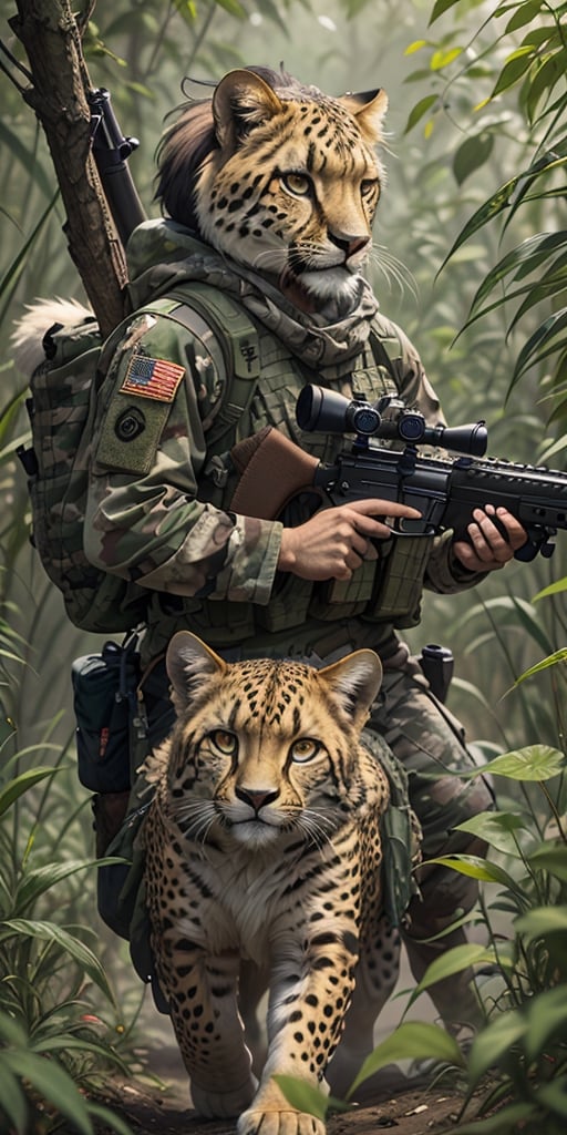 An army sniper duo with a cheetah as the shooter and a Lion as the spooter,  hunting in the african sabana,  blending camo...