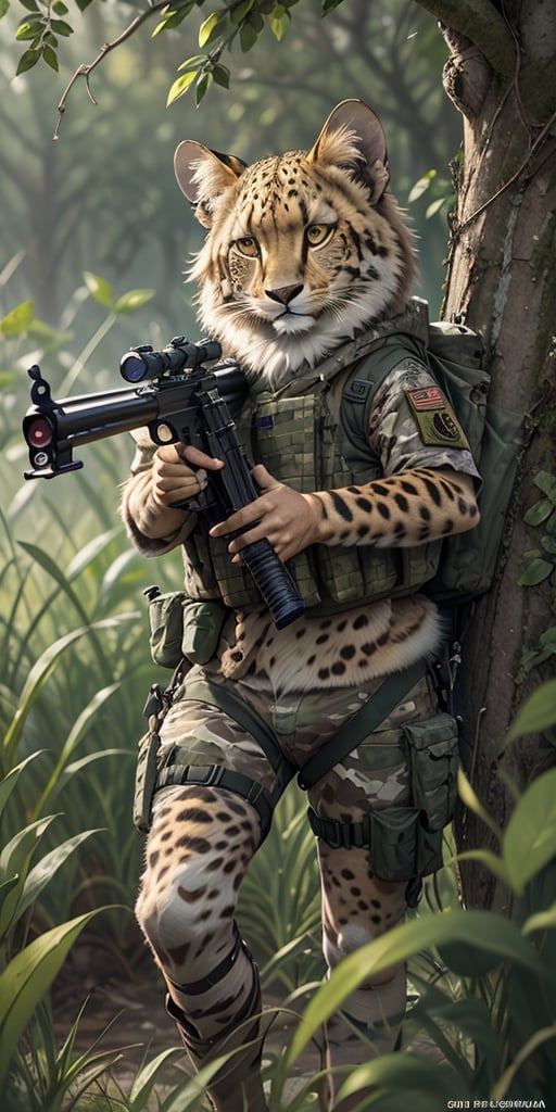 An animal military sniper team with a cheetah as the shooter and a Lion as the spooter,  hunting in the african sabana,  b...