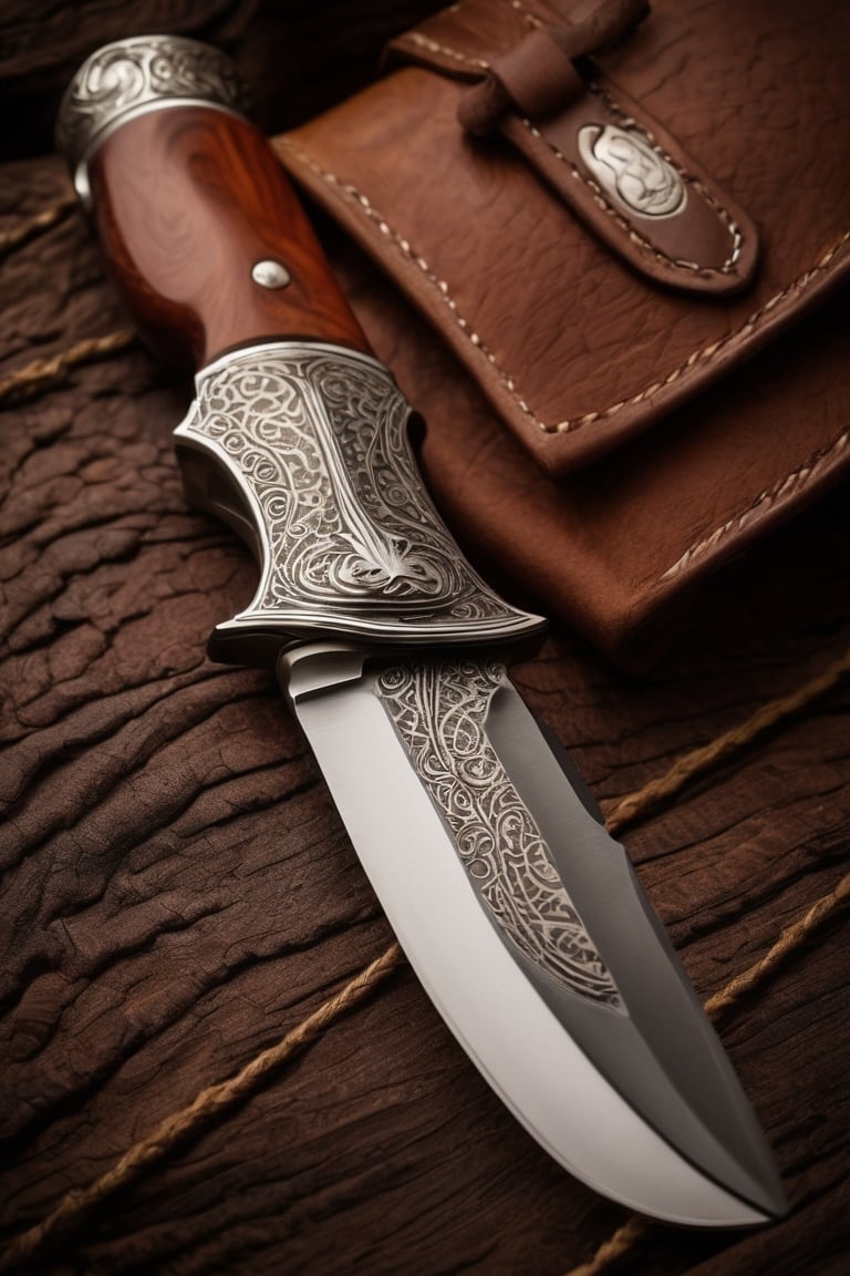 Detailed portrait of Beautiful facon,  gaucho knife made of german carbon steel and with a sleeve made of intricated gauch...