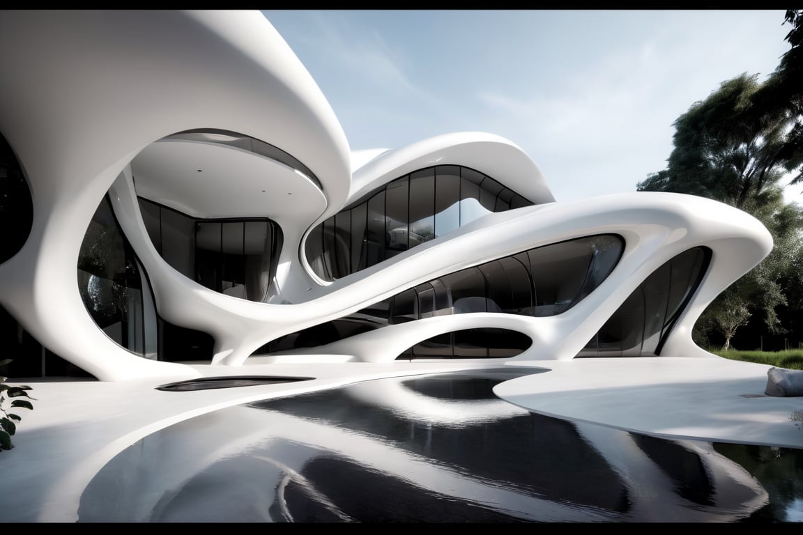 Zaha Hadid art style, design of a self sustain house, one floor, semy buried, hyper-realistic, 8k UHD, DSLR, soft lighting, high quality, film grain, Fuji-film XT3s
