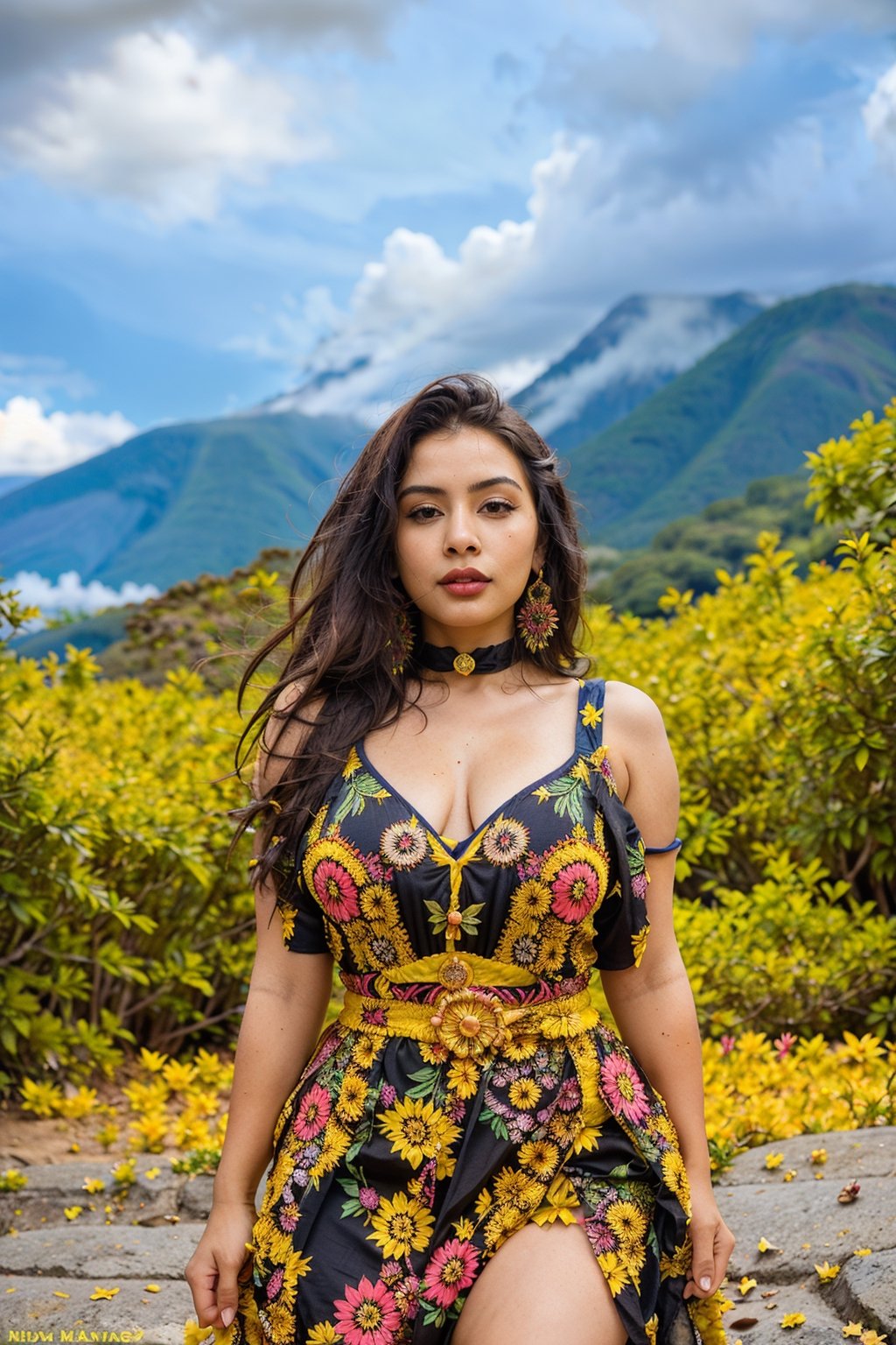 Create a full-body image featuring a woman representing the beauty and diversity of Ecuador. The woman should embody a random representative race, with a skin color and eye color that reflects the rich mosaic of ethnicities found in Ecuador. She should be dressed in traditional Ecuadorian clothing with a contemporary twist, blending elements from indigenous cultures like Kichwa, Shuar, or Waorani with modern fashion sensibilities. The attire should be colorful and intricately designed, showcasing the intricate textiles and vibrant patterns typical of Ecuadorian craftsmanship.

Her posture should exude confidence and grace, with subtle hints of the country's cultural heritage in her stance. The background should depict a scene that captures the essence of Ecuador, such as the lush greenery of the Amazon rainforest, the majestic peaks of the Andes mountains, or the serene beauty of the Galápagos Islands. The background should be filled with rich details that immerse the viewer in the unique sights and sounds of Ecuadorian life, whether it's the vibrant street markets, traditional music, or the colorful festivities of local celebrations.