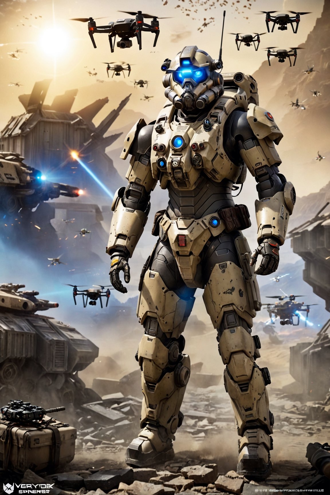 In the midst of a desolate wasteland,  the wearer of the Apex Mk.IV power armor,  adorned with the sleek drone swarm backp...
