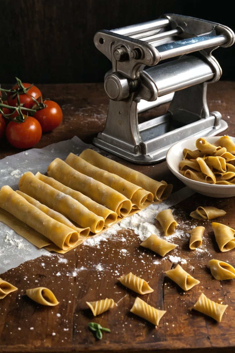 Create a vibrant and detailed illustration showcasing a variety of traditional pasta types. The scene should be set in a cozy Italian kitchen or a rustic pasta workshop, filled with the rich cultural ambiance of Italy. Highlight each type of pasta with clear visual representation, from the preparation of the dough to the final shapes. Include both common and unique pasta varieties, showcasing their distinct characteristics and origins:

1. **Pasta Dough Preparation:** Begin with a scene of a cook preparing the pasta dough. Show a wooden workbench dusted with flour, where ingredients like eggs, flour, and water are being mixed and kneaded into a smooth, elastic dough. Capture the hands-on process of kneading the dough, the rich, golden color of the mixture, and the tools used, such as a rolling pin and a pasta cutter.

2. **Sheet Pasta (Fettuccine and Lasagna):** Illustrate the process of rolling out the dough into thin sheets. Show the dough being fed through a pasta machine or rolled out by hand into long, even sheets. Highlight the process of cutting these sheets into fettuccine ribbons and wide lasagna strips. Display the fettuccine arranged in neat nests and lasagna sheets laid flat, ready for cooking or drying.

3. **Ribbon Pasta (Tagliatelle and Pappardelle):** Visualize the rolling and cutting of pasta into wider ribbons. Show tagliatelle, slightly narrower, and pappardelle, broader and thicker. Include details of the pasta being dusted with flour to prevent sticking and neatly coiled into bundles. Capture the subtle differences in width and texture between these types.

4. **Tube Pasta (Penne and Rigatoni):** Depict the shaping of tubular pasta using a pasta extruder or by hand. Show the process of forming penne with their diagonal cuts and ridged surface, and rigatoni with their wider diameter and straight cuts. Display these pasta types in a bowl, highlighting their ability to hold sauce inside their ridges and hollow centers.

5. **Stuffed Pasta (Ravioli and Tortellini):** Illustrate the process of making stuffed pasta. Show small squares of dough being filled with mixtures like ricotta, spinach, or meat for ravioli. Capture the folding and sealing of the dough into neat parcels. For tortellini, depict the dough being wrapped around the filling and twisted into ring shapes. Include the process of crimping the edges to seal the fillings inside.

6. **Shaped Pasta (Fusilli and Farfalle):** Visualize the creation of shaped pasta. Show fusilli being twisted into spiral shapes using a special tool or by hand. For farfalle, depict the cutting of small rectangles of dough and pinching them in the center to create bow-tie shapes. Highlight the intricate details and playful forms of these pastas.

7. **Long Pasta (Spaghetti and Linguine):** Depict the making of long, thin pasta strands. Show spaghetti being stretched and cut into uniform lengths. Illustrate the slight flatness of linguine, with its edges slightly thicker than the middle. Display these pastas hanging to dry on a drying rack or coiled into nests.

8. **Specialty Pasta (Orecchiette and Cavatelli):** Conclude with unique regional pasta types. Show orecchiette, small ear-shaped pasta, being formed by pressing with the thumb or a special tool. Illustrate cavatelli, small rolled pasta with a hollow center, created by rolling pieces of dough with fingers. Highlight the distinctive shapes and textures that make these pastas stand out.

9. **Cultural Ambiance and Surroundings:** Add a backdrop that reflects the warm, inviting atmosphere of Italian cuisine. Include details like baskets of fresh ingredients (tomatoes, basil, garlic), a rolling pin, a pasta drying rack, and a cozy kitchen setting with rustic wooden shelves and hanging herbs. Capture the essence of Italian culinary tradition and the joy of handmade pasta.

Use warm, earthy tones and detailed textures to bring each type of pasta to life, from the smooth, golden dough to the intricate, finished shapes. Each type should be clearly labeled to guide the viewer through the variety of pasta styles and the craftsmanship involved in their creation.
This prompt should provide a vivid and engaging depiction of various pasta types, showcasing their unique forms and the artisanal process behind each one, set in a charming Italian kitchen environment.