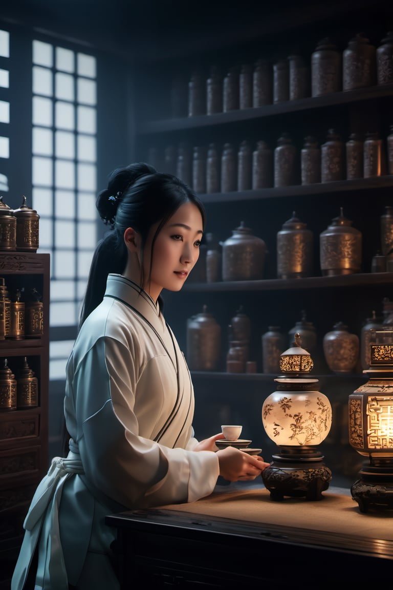 Generate an ultra-detailed,  cinematic scene featuring a Chinese doctor in traditional attire meticulously preparing a tea...
