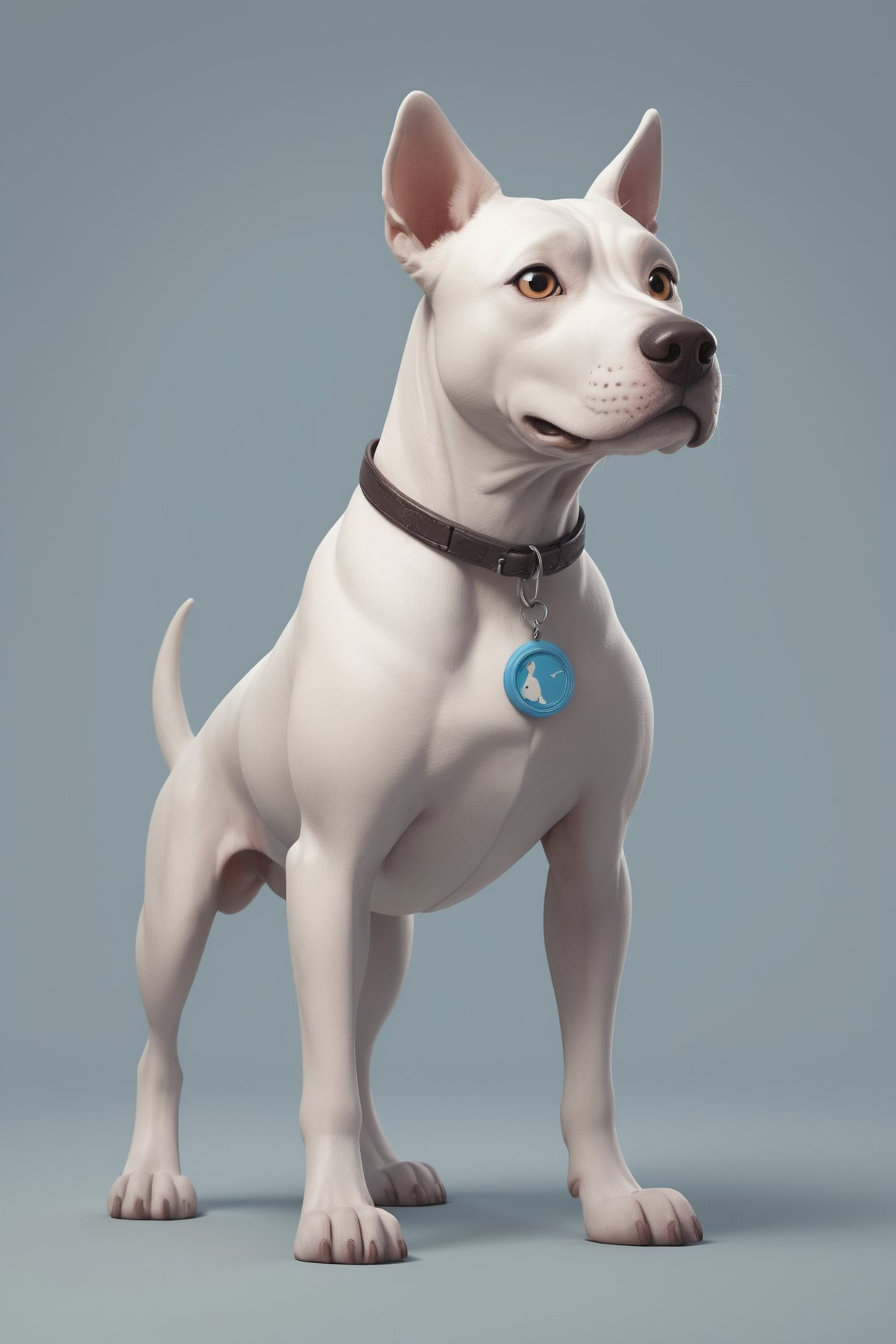 Create a 3D illustration featuring a cheerful argentinian dogo dog character with Pixar-like charm and large, friendly eyes. Full body, looking at the camera. The dog's chest has the logo of the Tensor Art website. Incorporate intricate details while maintaining a cartoonish aesthetic. Use a lively and inviting color palette to evoke warmth and friendliness. Ensure a clean, uncluttered white background for a professional look and illuminate the scene well to highlight the argentinian dogo dog, canvas, and computer screen. The character should represent creativity and accessibility, aligning with Tensor.art's mission to make art approachable. It should be easily recognizable and exude charm and playfulness, leaving a lasting impression. 