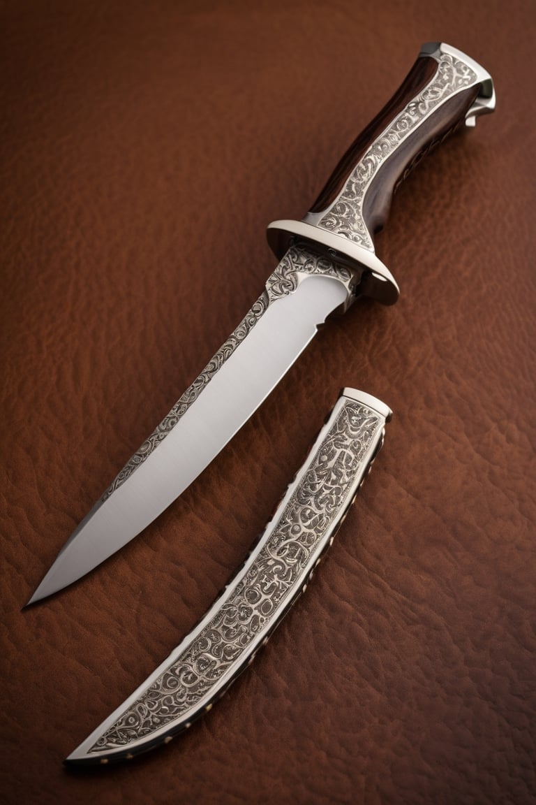 Detailed portrait of Beautiful facon,  gaucho knife made of german carbon steel and with a sleeve made of intricated gauch...