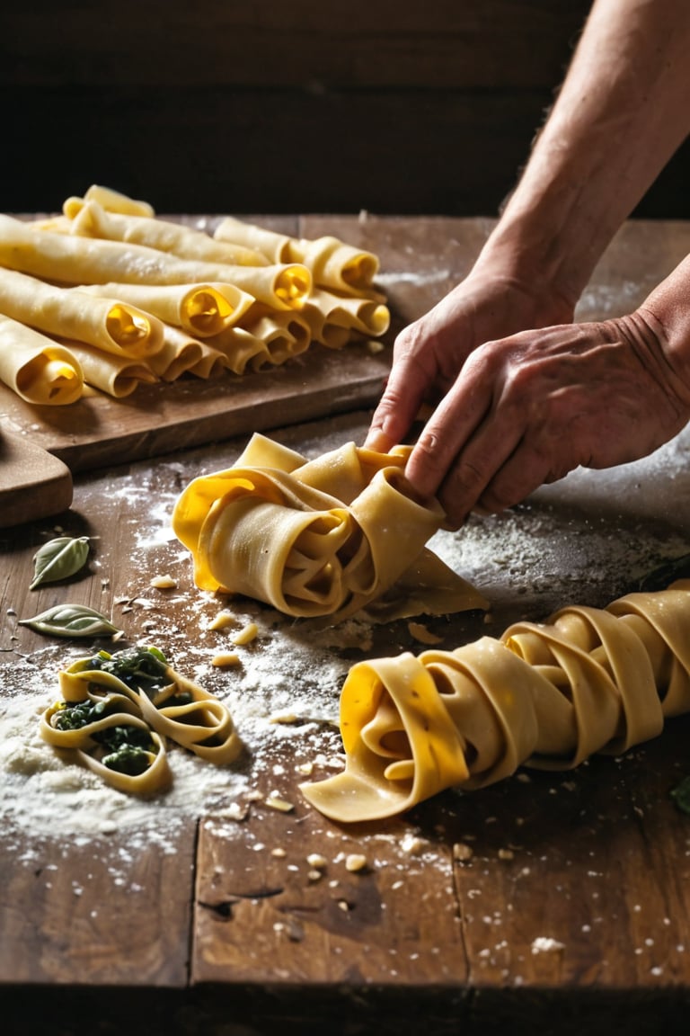 Create a vibrant and detailed illustration showcasing a variety of traditional pasta types. The scene should be set in a cozy Italian kitchen or a rustic pasta workshop, filled with the rich cultural ambiance of Italy. Highlight each type of pasta with clear visual representation, from the preparation of the dough to the final shapes. Include both common and unique pasta varieties, showcasing their distinct characteristics and origins:

1. **Pasta Dough Preparation:** Begin with a scene of a cook preparing the pasta dough. Show a wooden workbench dusted with flour, where ingredients like eggs, flour, and water are being mixed and kneaded into a smooth, elastic dough. Capture the hands-on process of kneading the dough, the rich, golden color of the mixture, and the tools used, such as a rolling pin and a pasta cutter.

2. **Sheet Pasta (Fettuccine and Lasagna):** Illustrate the process of rolling out the dough into thin sheets. Show the dough being fed through a pasta machine or rolled out by hand into long, even sheets. Highlight the process of cutting these sheets into fettuccine ribbons and wide lasagna strips. Display the fettuccine arranged in neat nests and lasagna sheets laid flat, ready for cooking or drying.

3. **Ribbon Pasta (Tagliatelle and Pappardelle):** Visualize the rolling and cutting of pasta into wider ribbons. Show tagliatelle, slightly narrower, and pappardelle, broader and thicker. Include details of the pasta being dusted with flour to prevent sticking and neatly coiled into bundles. Capture the subtle differences in width and texture between these types.

4. **Tube Pasta (Penne and Rigatoni):** Depict the shaping of tubular pasta using a pasta extruder or by hand. Show the process of forming penne with their diagonal cuts and ridged surface, and rigatoni with their wider diameter and straight cuts. Display these pasta types in a bowl, highlighting their ability to hold sauce inside their ridges and hollow centers.

5. **Stuffed Pasta (Ravioli and Tortellini):** Illustrate the process of making stuffed pasta. Show small squares of dough being filled with mixtures like ricotta, spinach, or meat for ravioli. Capture the folding and sealing of the dough into neat parcels. For tortellini, depict the dough being wrapped around the filling and twisted into ring shapes. Include the process of crimping the edges to seal the fillings inside.

6. **Shaped Pasta (Fusilli and Farfalle):** Visualize the creation of shaped pasta. Show fusilli being twisted into spiral shapes using a special tool or by hand. For farfalle, depict the cutting of small rectangles of dough and pinching them in the center to create bow-tie shapes. Highlight the intricate details and playful forms of these pastas.

7. **Long Pasta (Spaghetti and Linguine):** Depict the making of long, thin pasta strands. Show spaghetti being stretched and cut into uniform lengths. Illustrate the slight flatness of linguine, with its edges slightly thicker than the middle. Display these pastas hanging to dry on a drying rack or coiled into nests.

8. **Specialty Pasta (Orecchiette and Cavatelli):** Conclude with unique regional pasta types. Show orecchiette, small ear-shaped pasta, being formed by pressing with the thumb or a special tool. Illustrate cavatelli, small rolled pasta with a hollow center, created by rolling pieces of dough with fingers. Highlight the distinctive shapes and textures that make these pastas stand out.

9. **Cultural Ambiance and Surroundings:** Add a backdrop that reflects the warm, inviting atmosphere of Italian cuisine. Include details like baskets of fresh ingredients (tomatoes, basil, garlic), a rolling pin, a pasta drying rack, and a cozy kitchen setting with rustic wooden shelves and hanging herbs. Capture the essence of Italian culinary tradition and the joy of handmade pasta.

Use warm, earthy tones and detailed textures to bring each type of pasta to life, from the smooth, golden dough to the intricate, finished shapes. Each type should be clearly labeled to guide the viewer through the variety of pasta styles and the craftsmanship involved in their creation.
This prompt should provide a vivid and engaging depiction of various pasta types, showcasing their unique forms and the artisanal process behind each one, set in a charming Italian kitchen environment.