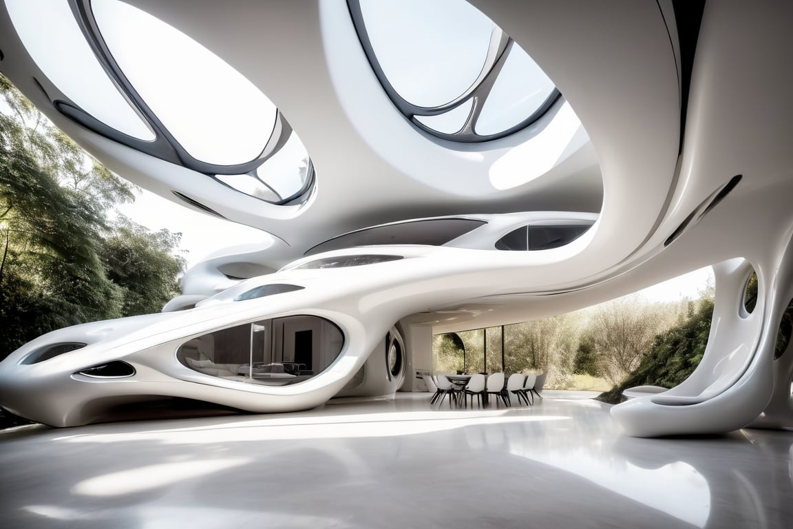 Zaha Hadid art style, design of a self sustain house, one floor, semy buried, hyper-realistic, 8k UHD, DSLR, soft lighting, high quality, film grain, Fuji-film XT3s
