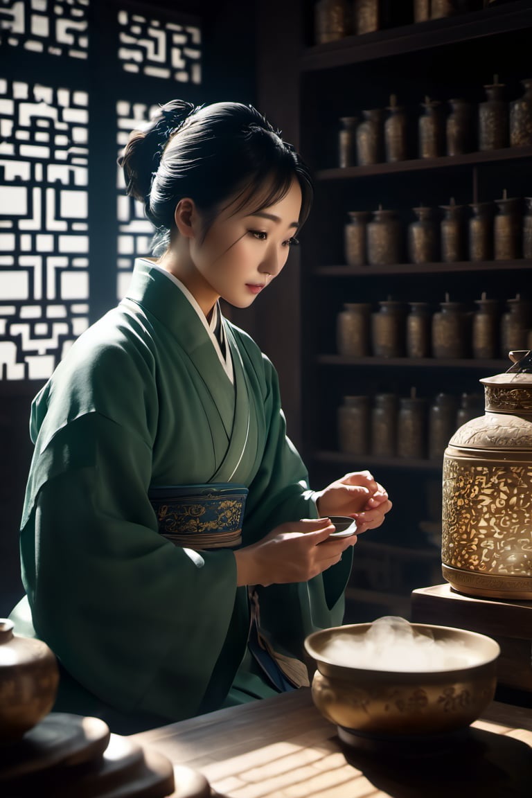 Generate an ultra-detailed,  cinematic scene featuring a Chinese doctor in traditional attire meticulously preparing a tea...