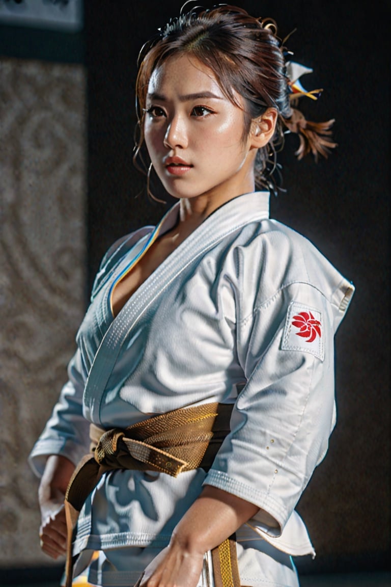 (+18) ,A sexy female judo player ,judo 🥋 uniform,The Judogi is the formal Japanese name for the traditional uniform used for Judo practice and competition ,ultra detailed face, symmetrical eyes, soft face, Long Cleavage, Open front judogi jacket,tired and happy,Side boob ,((view from below, looking upwards))), Full body shot,Far away shot ,Insanely detailed portrait of a Intricate Photography, A Masterpiece, 8k Resolution Artstation, Unreal Engine 5, Cgsociety, Octane Photograph, sharp focus ,,more detail XLRAW photo, 8k uhd, high quality, big lips,m4d4m, hourglass body shape, ,,,