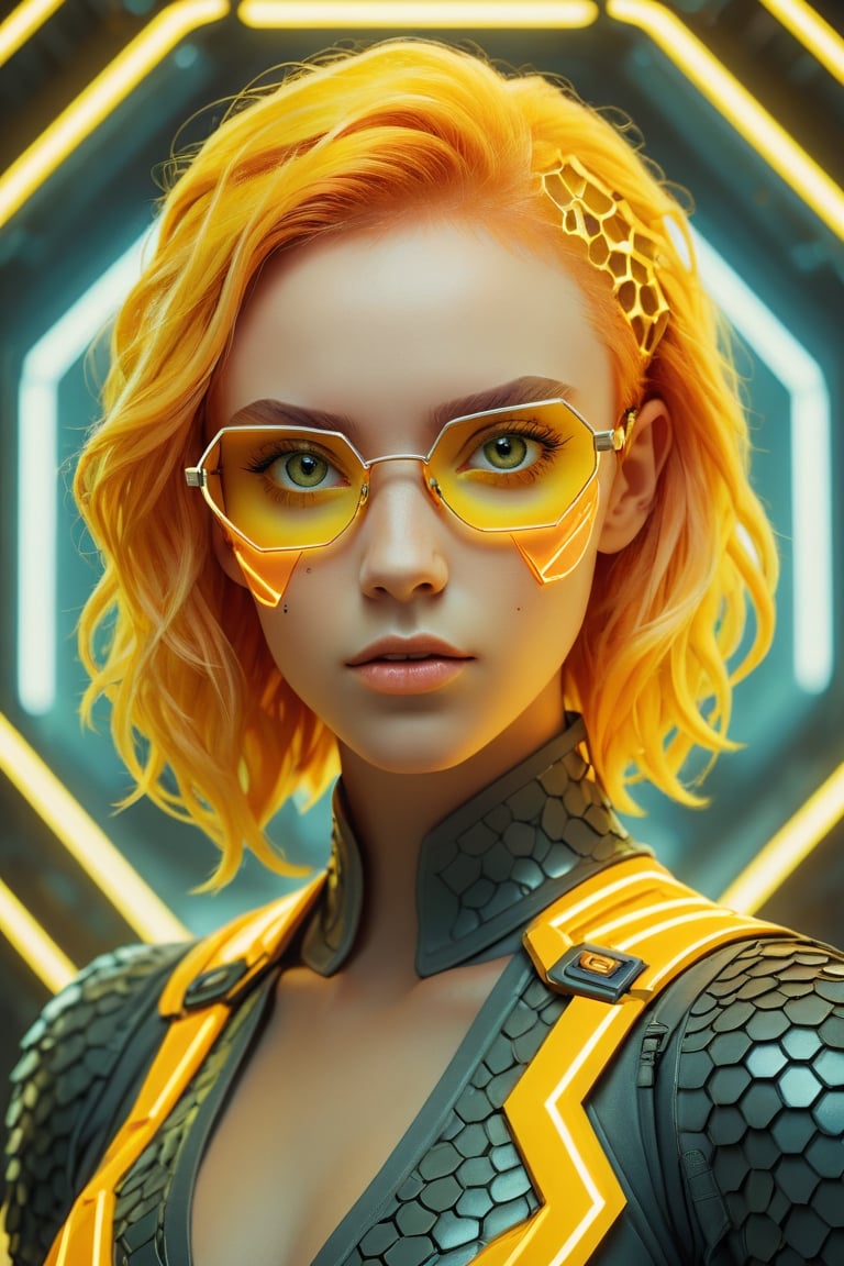 Best quality, Raw photo, face portrait, a young cyborg woman with fiery yellow hair. Her face fills the frame, bathed in neon hues, exuding determination and mystery amidst a futuristic backdrop,Hexagonal Squama, nerd glasses, dumb smile