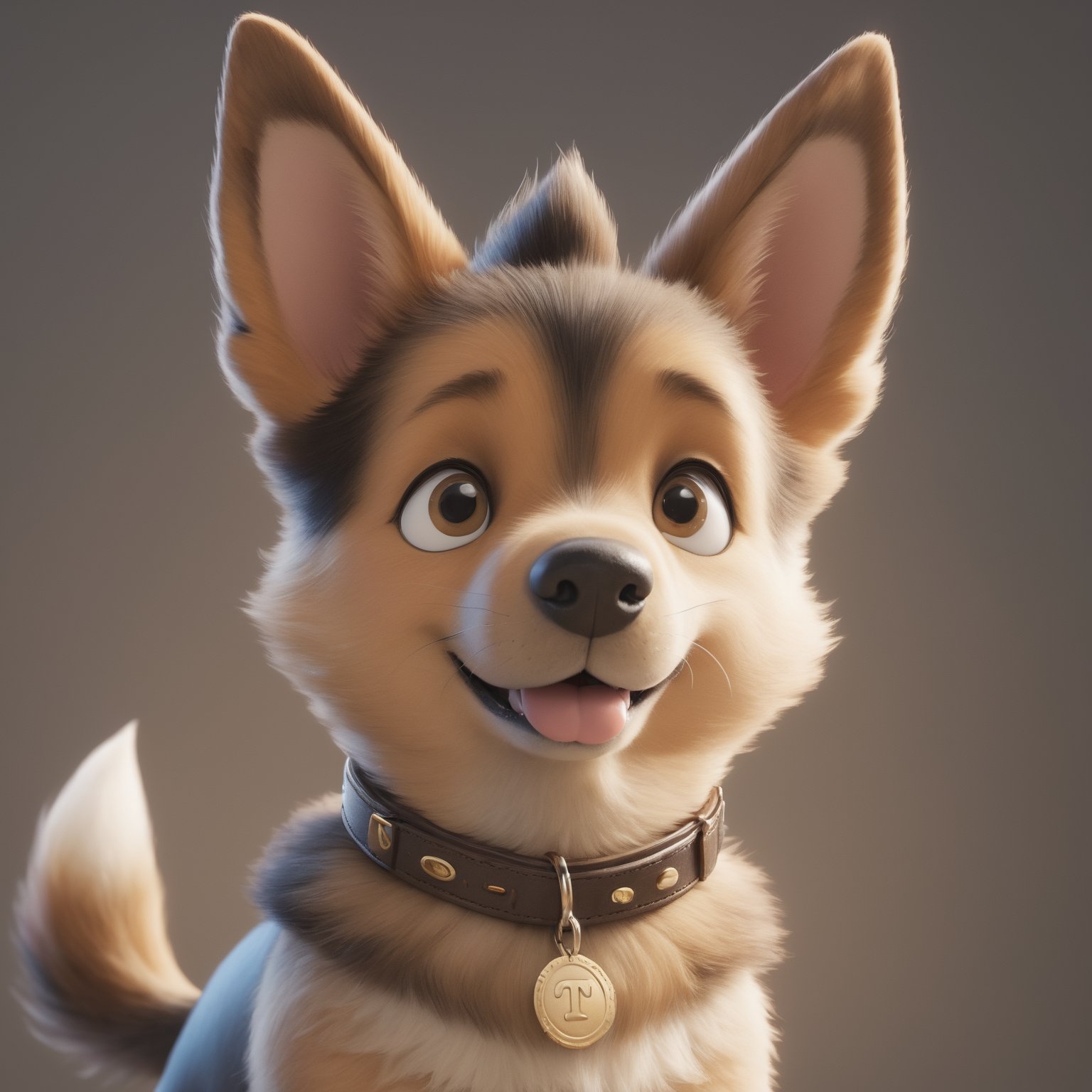 Create a 3D watercolor-style illustration for Tensor.art featuring a cheerful German Shepherd dog character with Pixar-like charm and large, friendly eyes. Full body, looking at the camera. Ensure that the dog's collar tag prominently displays the official Tensor.art (TA) logo.

Incorporate intricate details while maintaining a cartoonish aesthetic. Use a lively and inviting color palette to evoke warmth and friendliness. Ensure a clean, uncluttered white background for a professional look and illuminate the scene well to highlight the German Shepherd dog, canvas, and computer screen.

The character should represent creativity and accessibility, aligning with Tensor.art's mission to make art approachable. It should be easily recognizable and exude charm and playfulness, leaving a lasting impression.

The goal is to establish Tensor.art's visual identity as both professional and welcoming, emphasizing the fusion of art and technology in a playful and approachable manner. The result should be distinctive, well-lit, and reflective of the platform's essence.