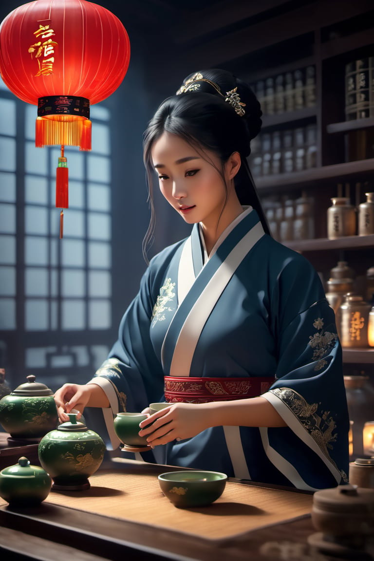 Generate an ultra-detailed,  cinematic scene featuring a Chinese doctor in traditional attire meticulously preparing a tea...