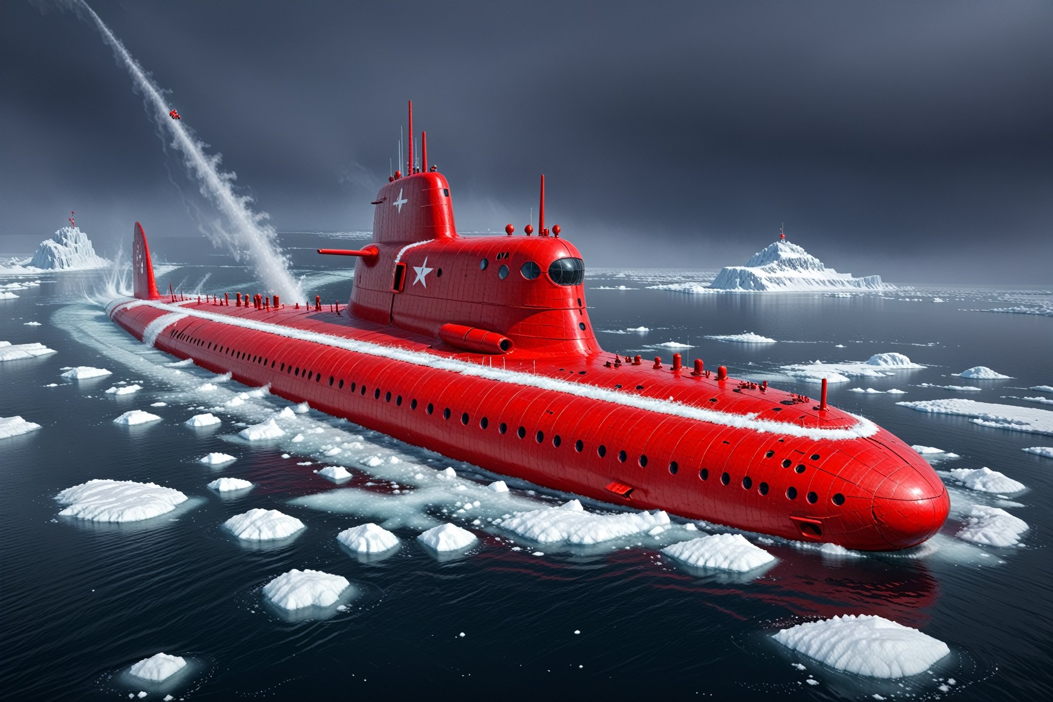 Craft a perfect Christmas 3D animation style image featuring an Akula class,  Soviet submarine. Picture the submarine brea...