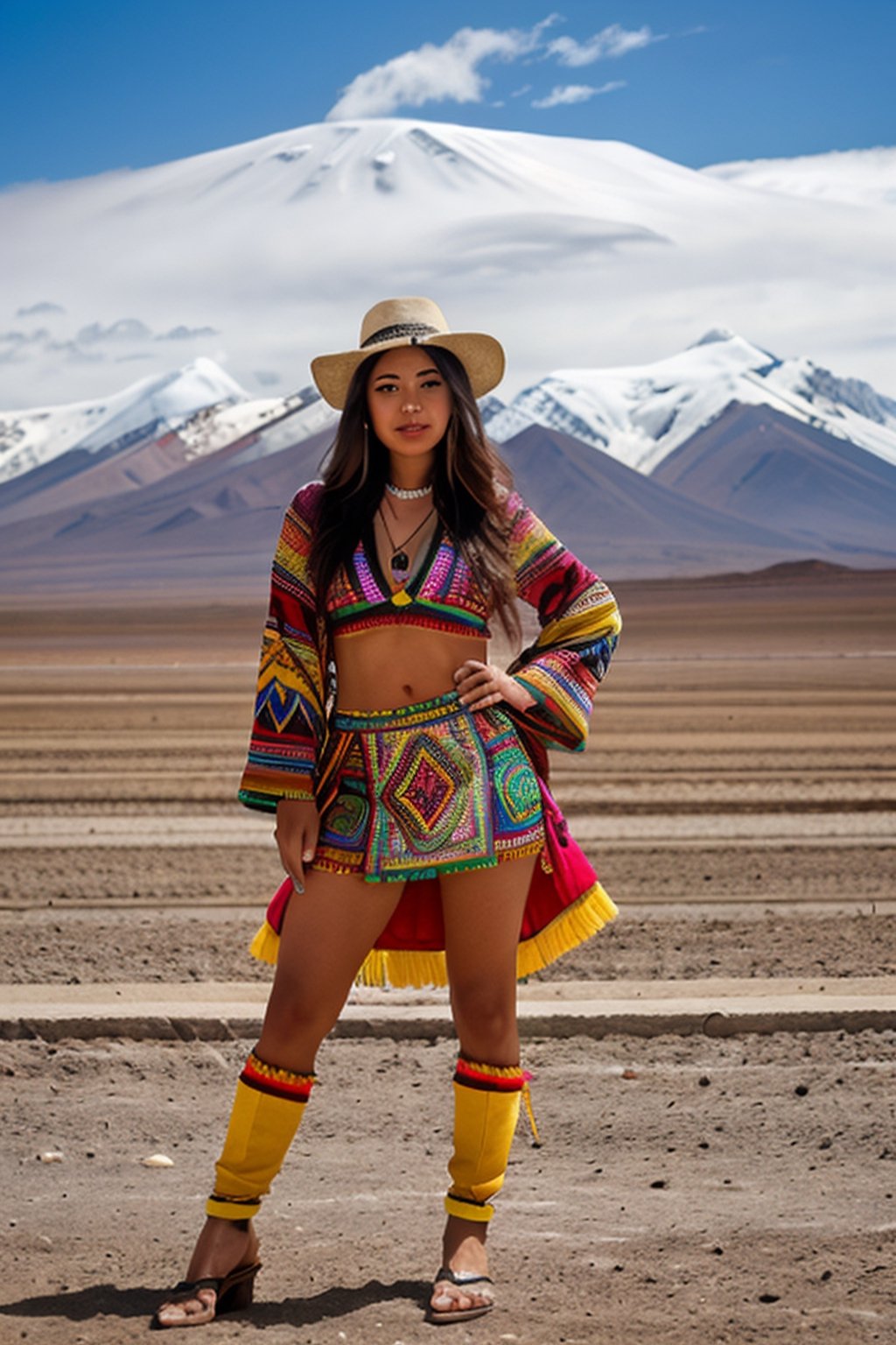 Create a full-body image featuring a woman representing the beauty and diversity of Bolivia. The woman should embody a random representative race, with a skin color and eye color that reflects the rich mosaic of ethnicities found in Bolivia. She should be dressed in traditional Bolivian clothing with a contemporary twist, blending elements from indigenous cultures like Aymara, Quechua, or Guarani with modern fashion sensibilities. The attire should be colorful and intricately designed, showcasing the intricate textiles and vibrant patterns typical of Bolivian craftsmanship.

Her posture should exude confidence and grace, with subtle hints of the country's cultural heritage in her stance. The background should depict a scene that captures the essence of Bolivia, such as the rugged landscapes of the Andes mountains, the sprawling expanse of the Salar de Uyuni salt flats, or the bustling markets of La Paz. The background should be filled with rich details that immerse the viewer in the unique sights and sounds of Bolivian life, whether it's the vibrant street art, traditional music, or the colorful festivities of local festivals.