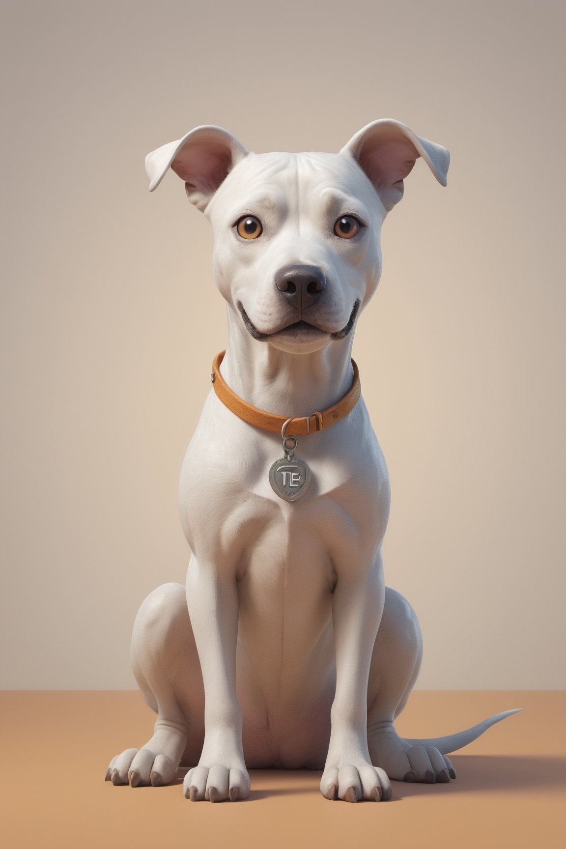 Create a 3D illustration featuring a cheerful argentinian dogo dog with Pixar-like charm and large, friendly eyes. Full body, looking at the camera. (((Background has the logo of the Tensor.Art website in 3d))). Incorporate intricate details while maintaining a cartoonish aesthetic. Use a lively and inviting color palette to evoke warmth and friendliness.  illuminate the scene well to highlight the argentinian dogo dog, canvas, and computer screen. The character should represent creativity and accessibility, aligning with Tensor.art's mission to make art approachable. It should be easily recognizable and exude charm and playfulness, leaving a lasting impression. 